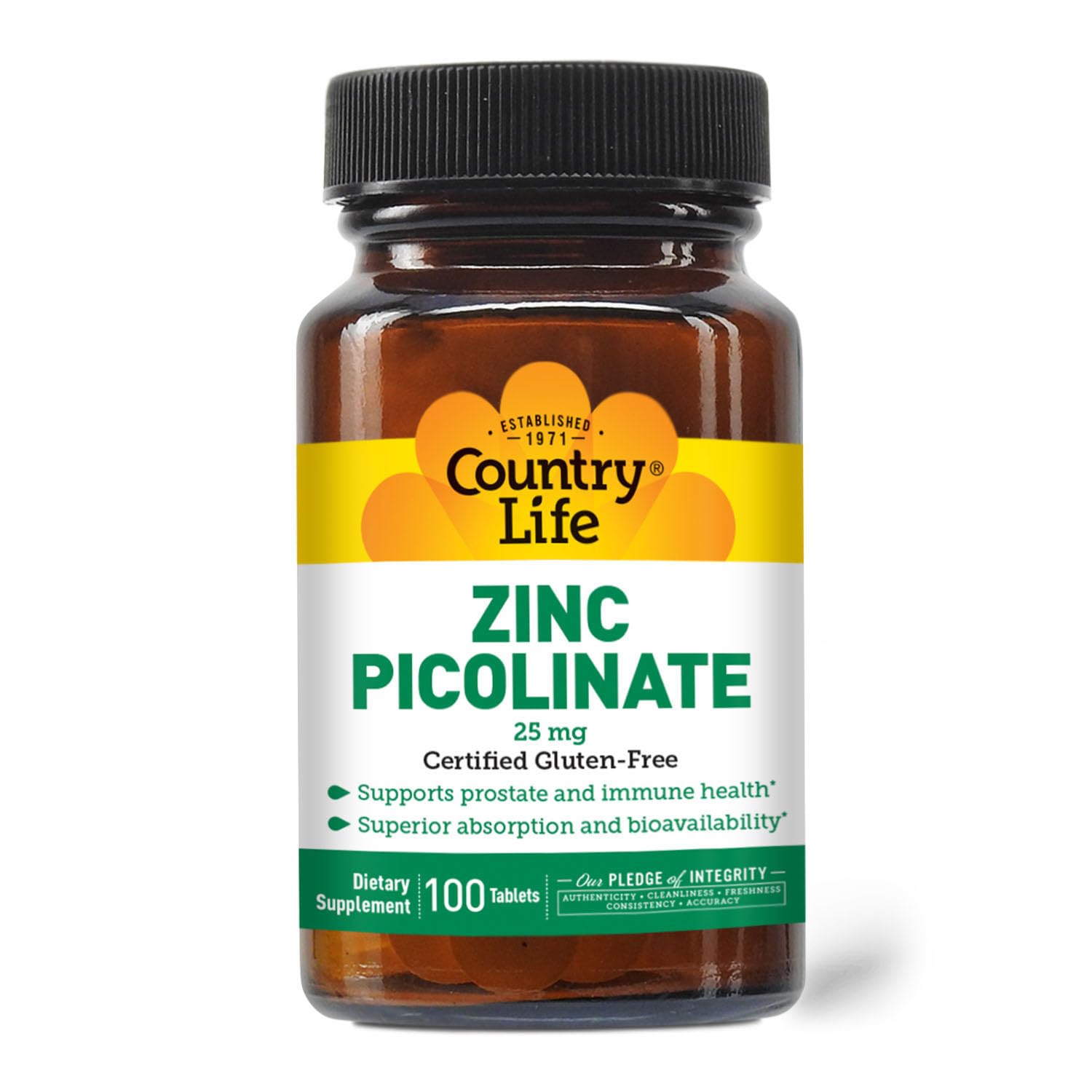 Country Life envase frontal mostrando zinc picolinate y beneficios