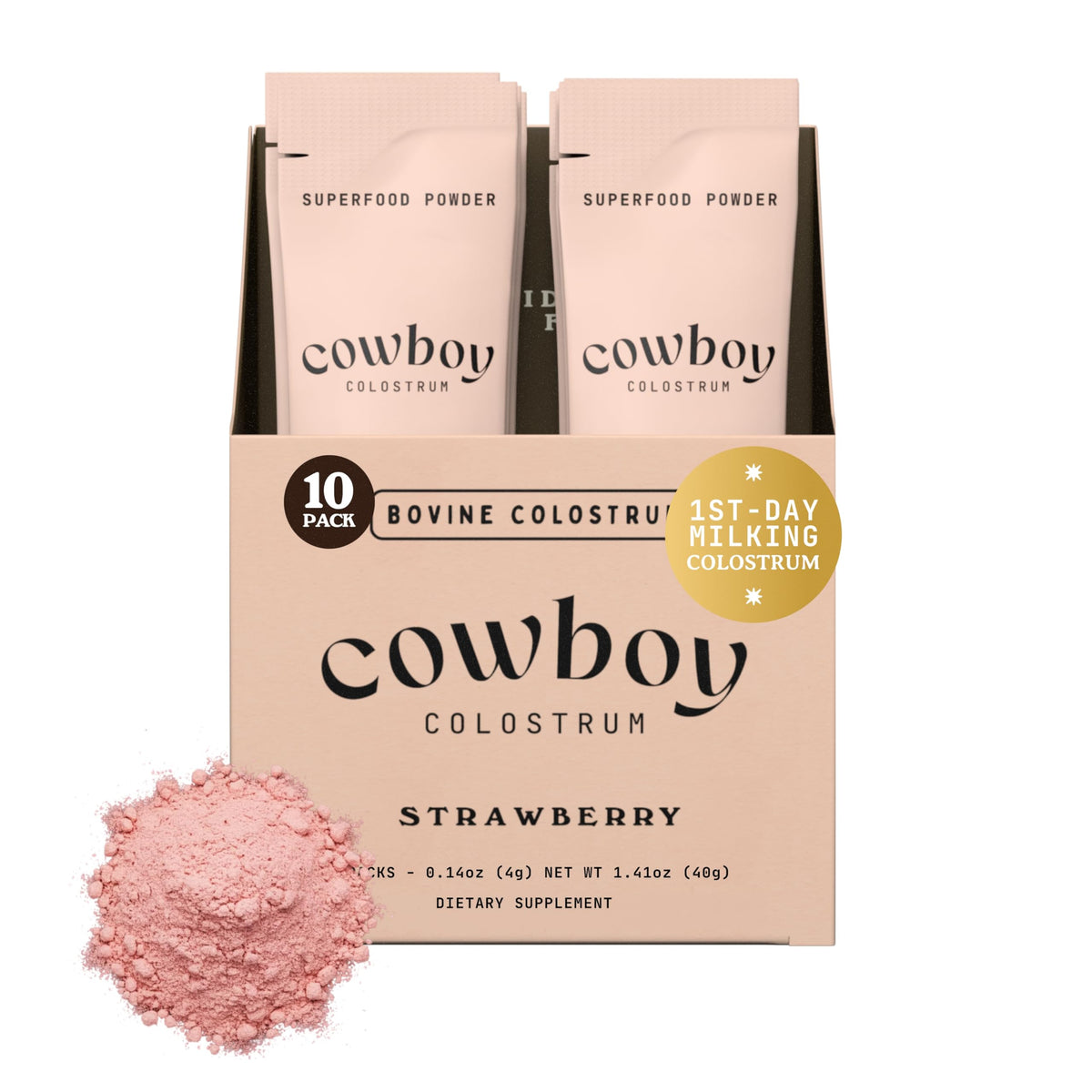 Cowboy Colostrum frente del empaque mostrando sobres y beneficio de conveniencia