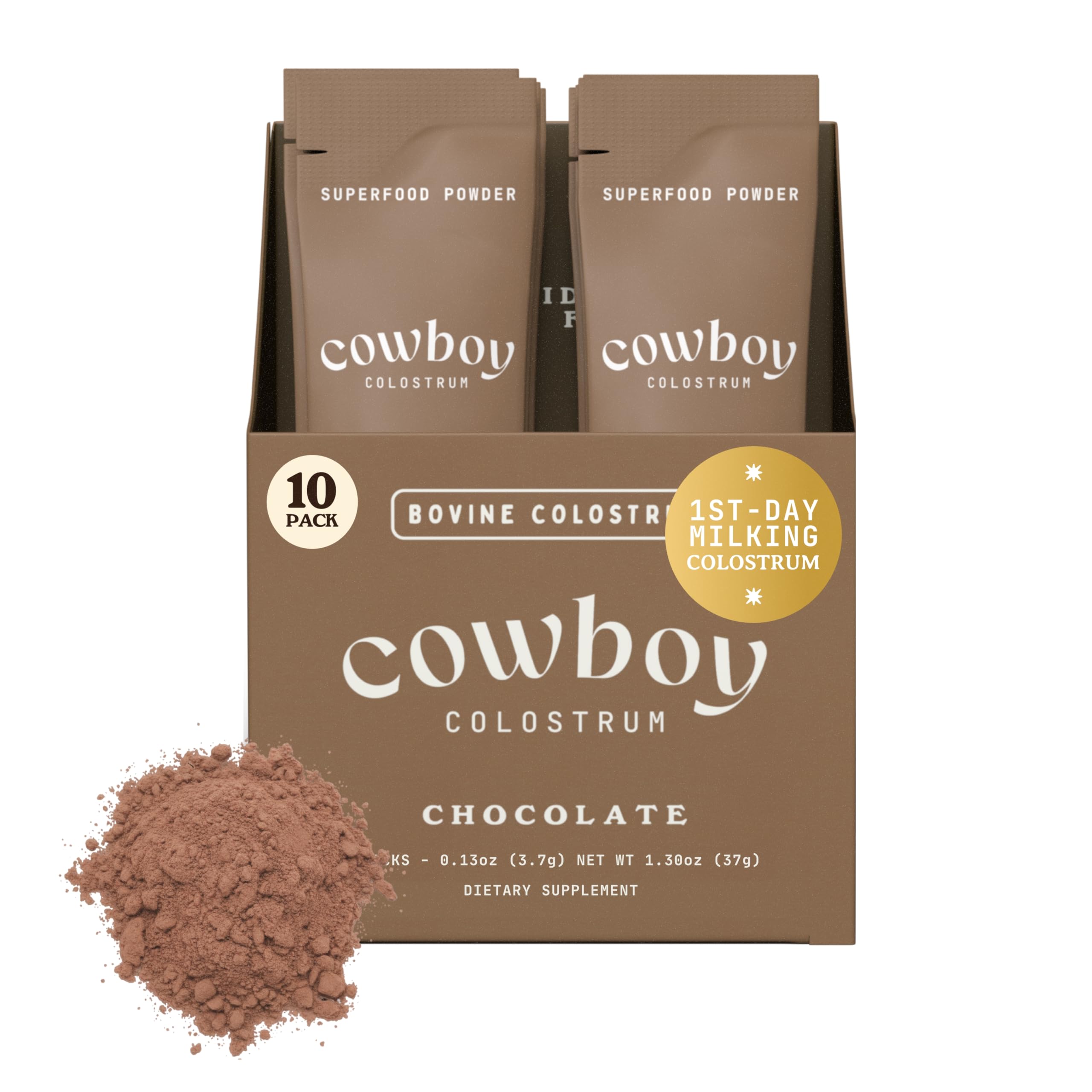 Cowboy Colostrum empaque frontal mostrando sobres y beneficio de conveniencia