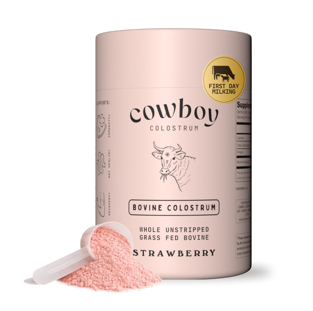 COWBOY COLOSTRUM envase frontal mostrando sabor fresa y beneficio nutricional