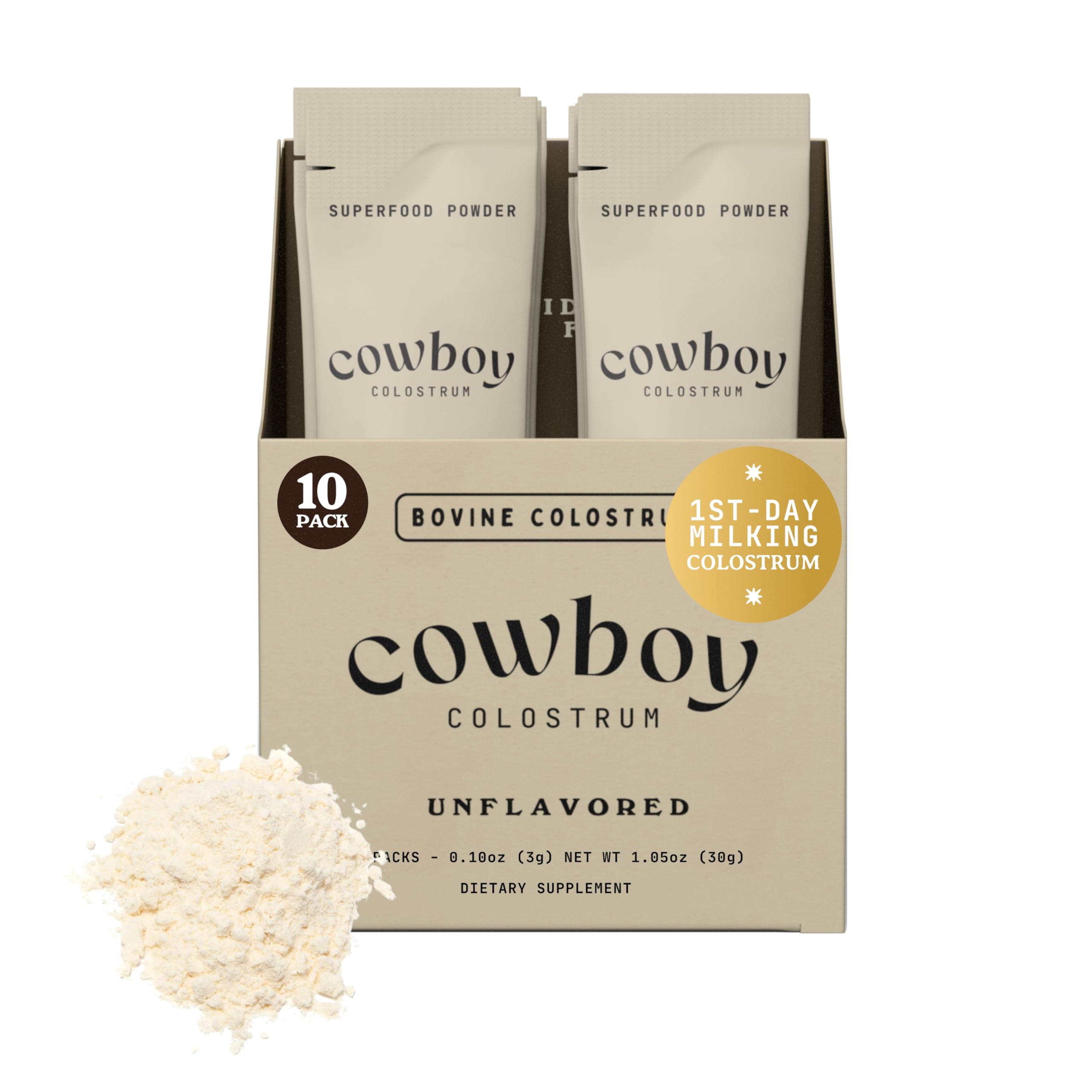 Cowboy Colostrum frente del paquete mostrando sobres y beneficios prácticos