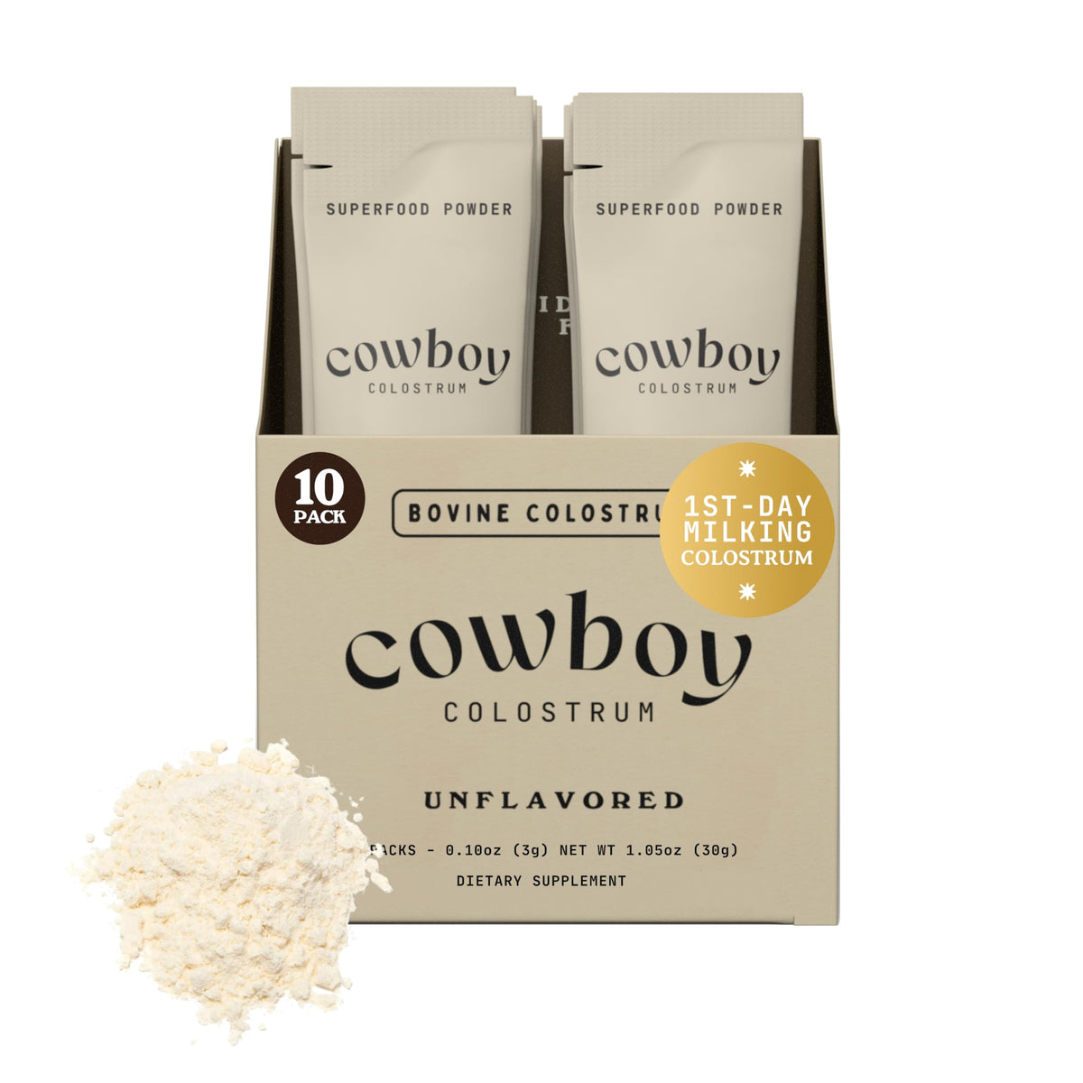 Cowboy Colostrum frente del paquete mostrando sobres y beneficios prácticos