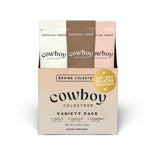 COWBOY COLOSTRUM frente del empaque con sticks de viaje mostrando conveniencia