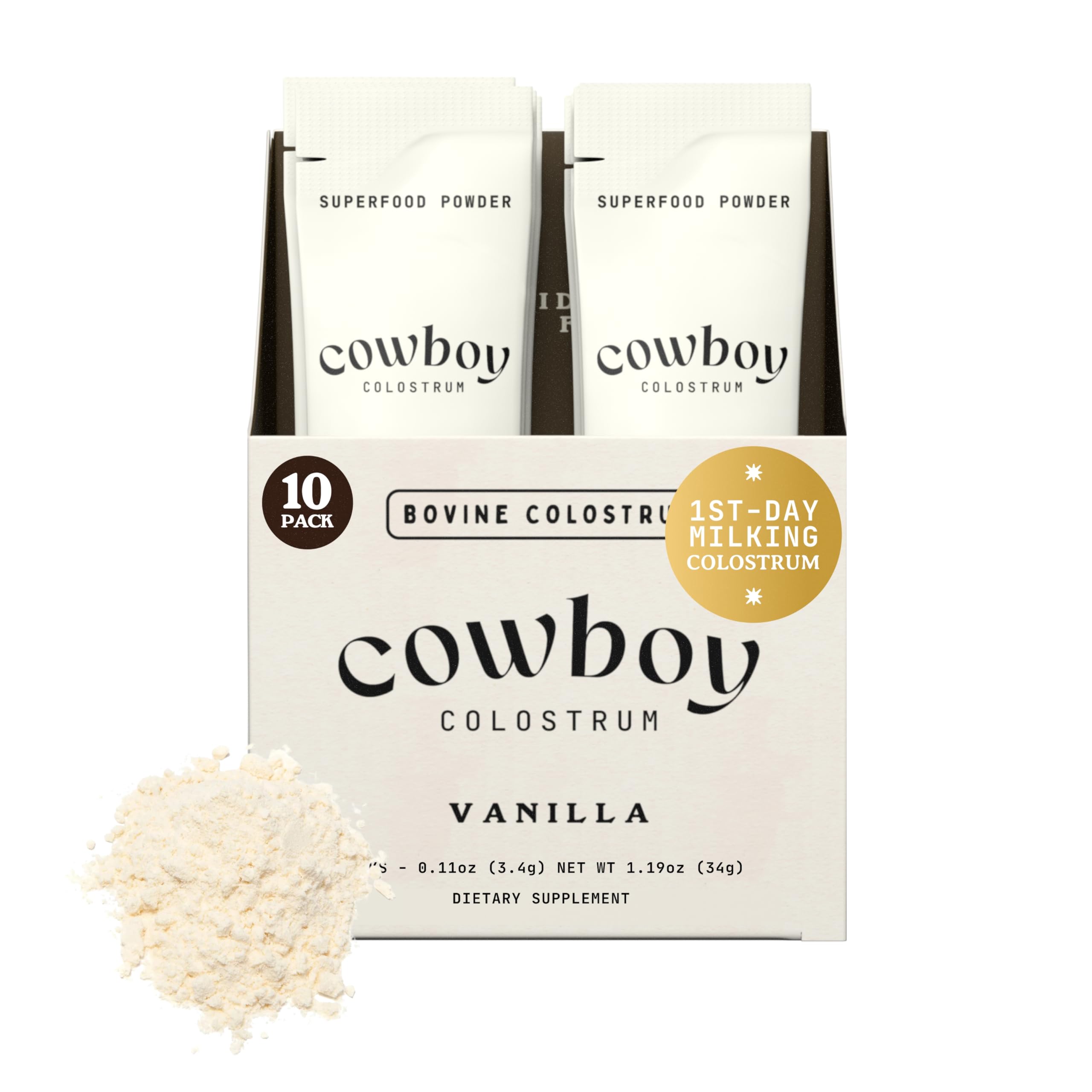 Cowboy Colostrum frente del empaque mostrando sobres y beneficios
