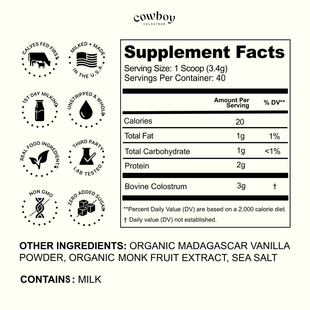 COWBOY COLOSTRUM primer plano del polvo y textura cremosa nutritiva