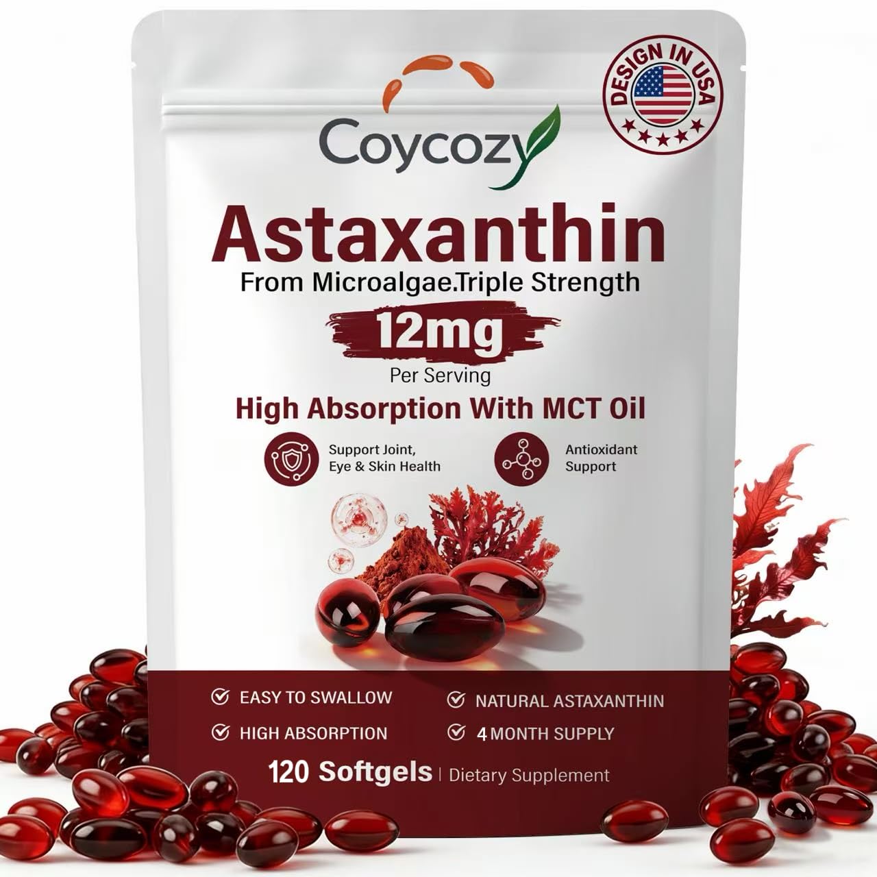 coycozy frasco delantero mostrando 120 softgels y etiqueta clara