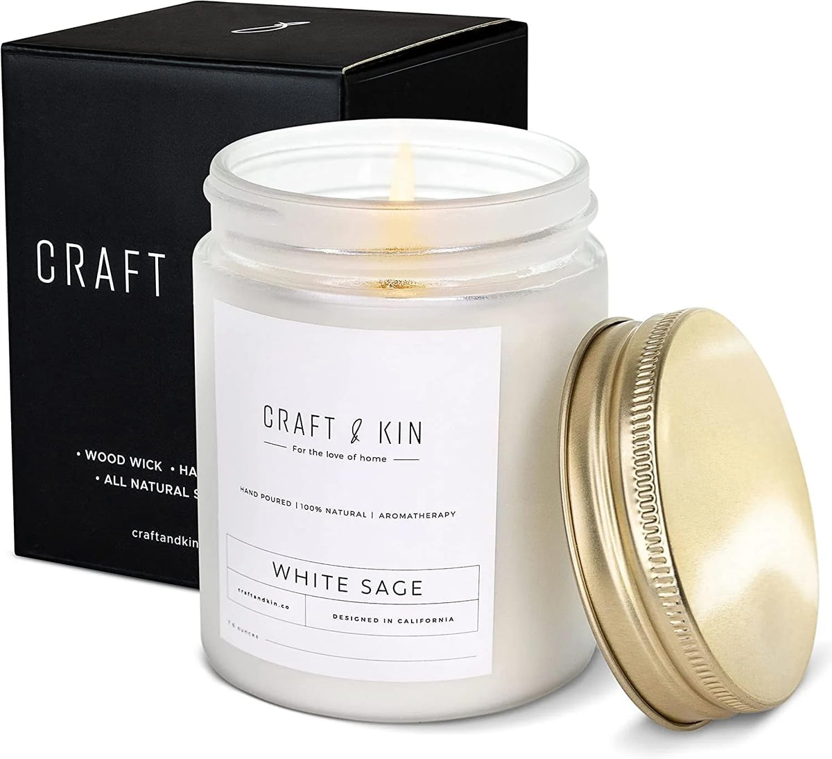 Craft & Kin vela White Sage frontal en vidrio ámbar, diseño elegante y refinado