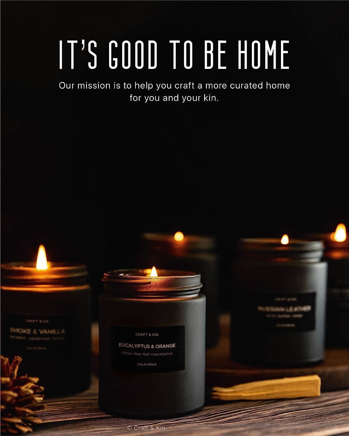 Craft & Kin vela encendida en salón ambientado, crea ambiente energizante