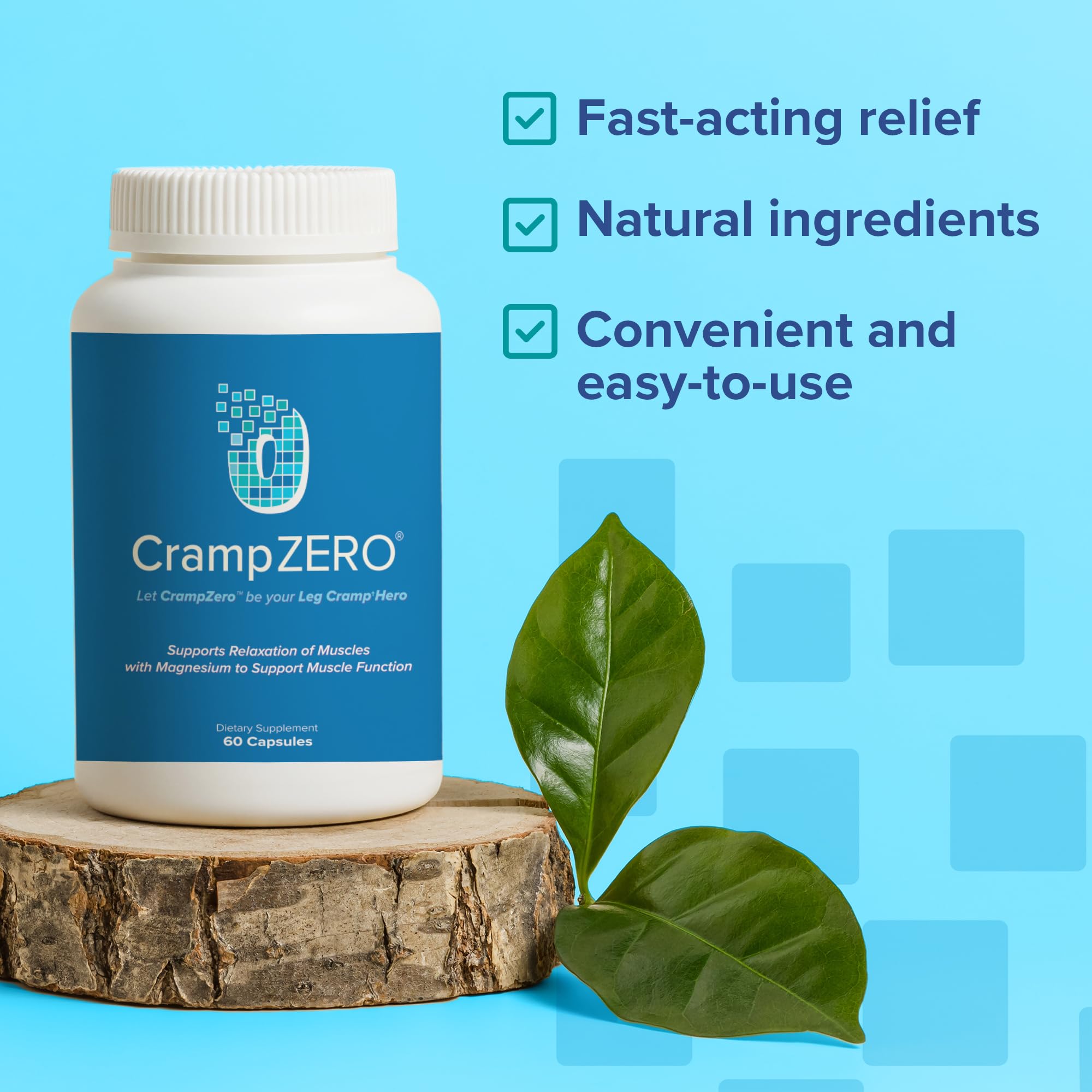 CrampZero cápsula junto a mano para comparar tamaño y facilidad de ingestión
