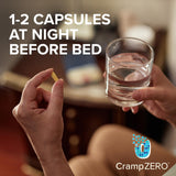 CrampZero frasco abierto con cápsulas esparcidas para visualización de contenido