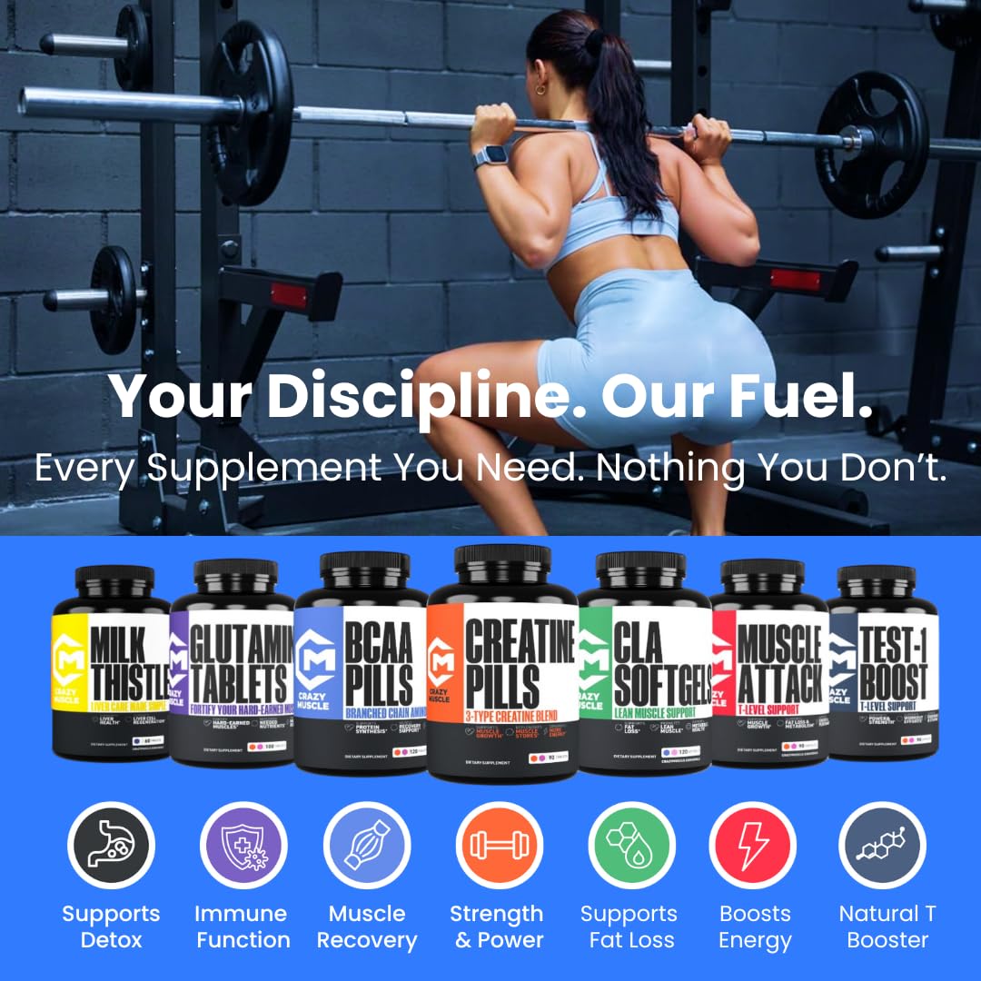 Crazy Muscle frasco abierto con tabletas visibles y accesibles