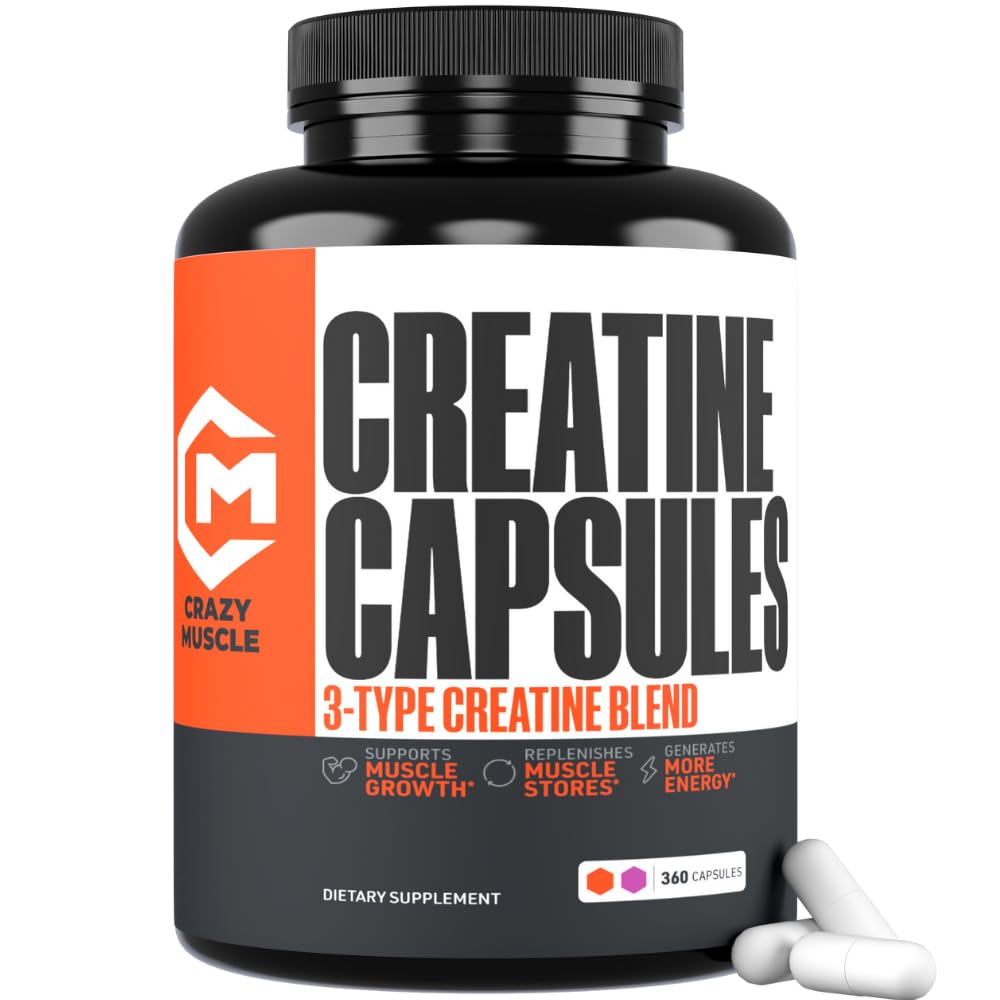 Crazy Muscle tarro frontal mostrando 360 cápsulas y conveniencia