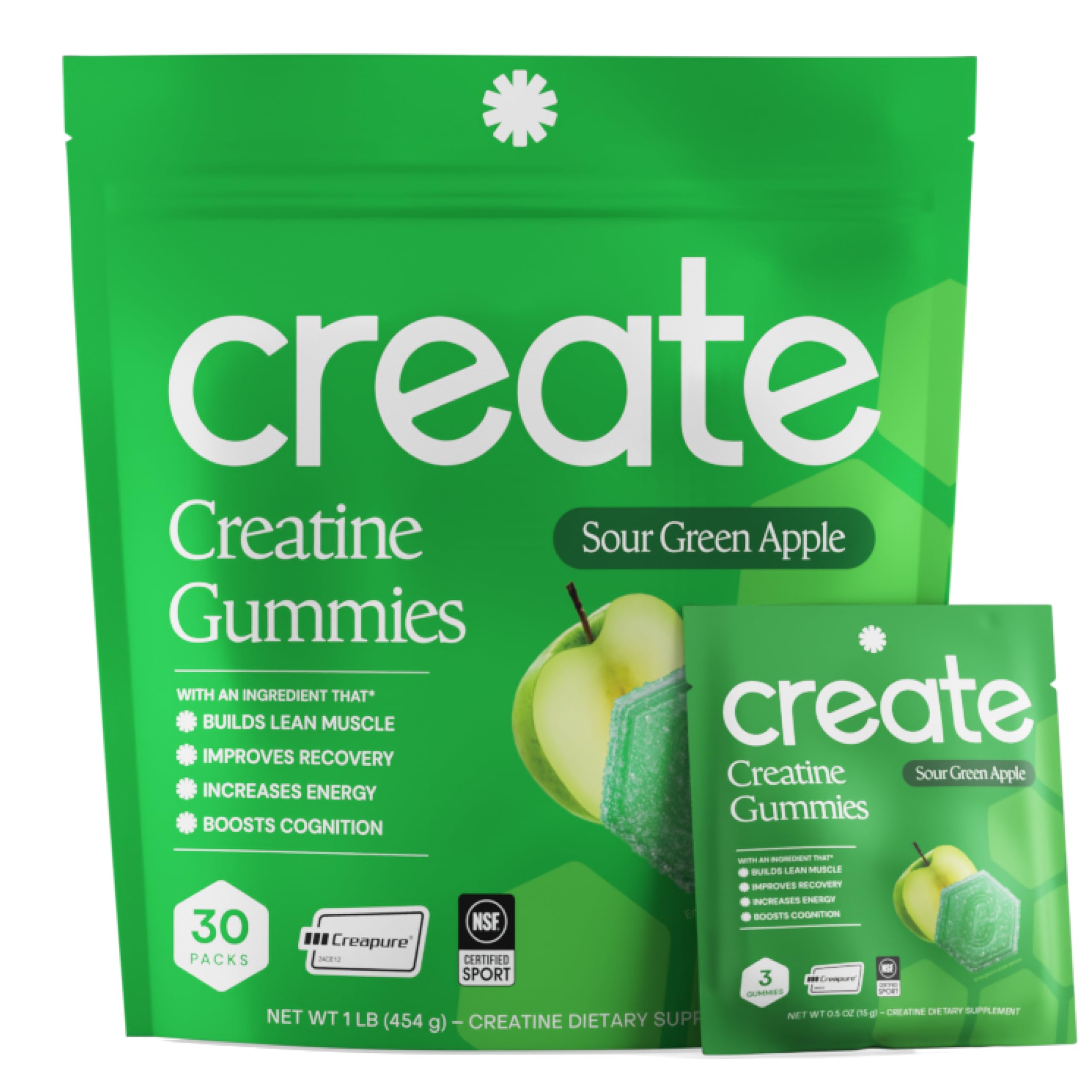 Create gomitas creatina empaque frontal mostrando diseño y beneficio portátil