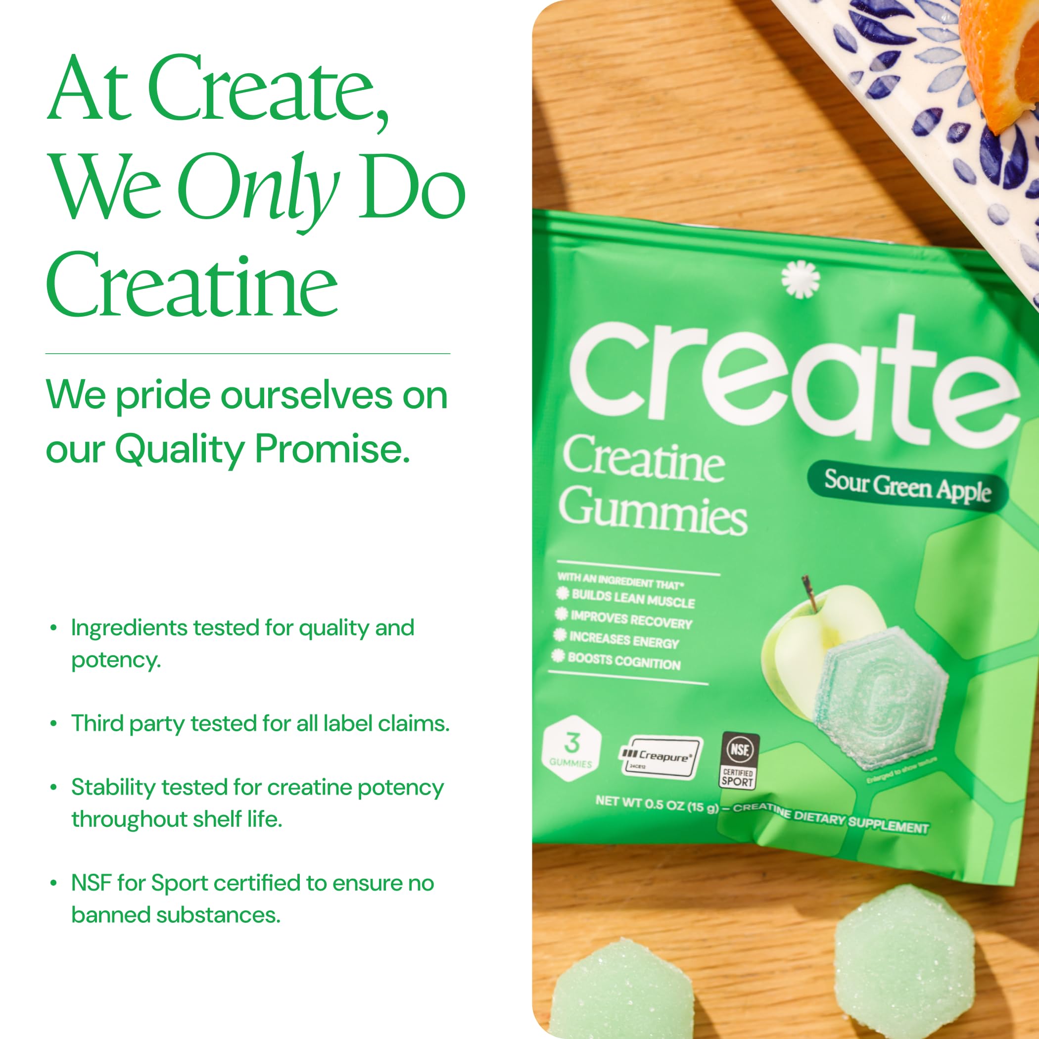 Create porción de gomitas en mesa ilustra 1,5 g creatina por unidad