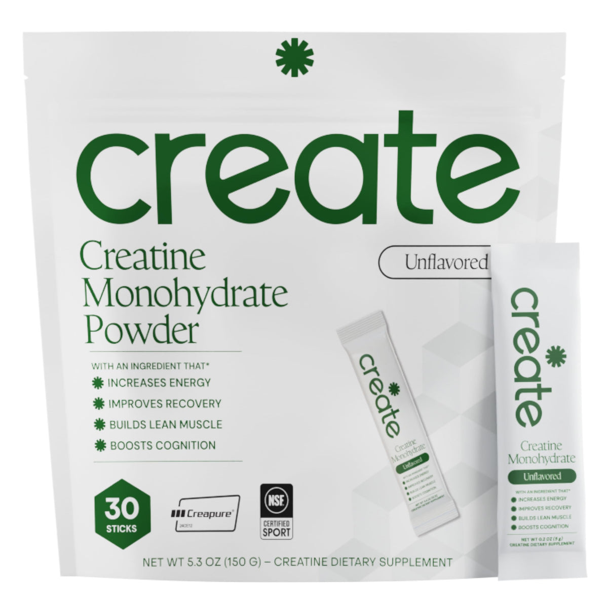 Create creatine: vista frontal del embalaje, transmite confianza y pureza