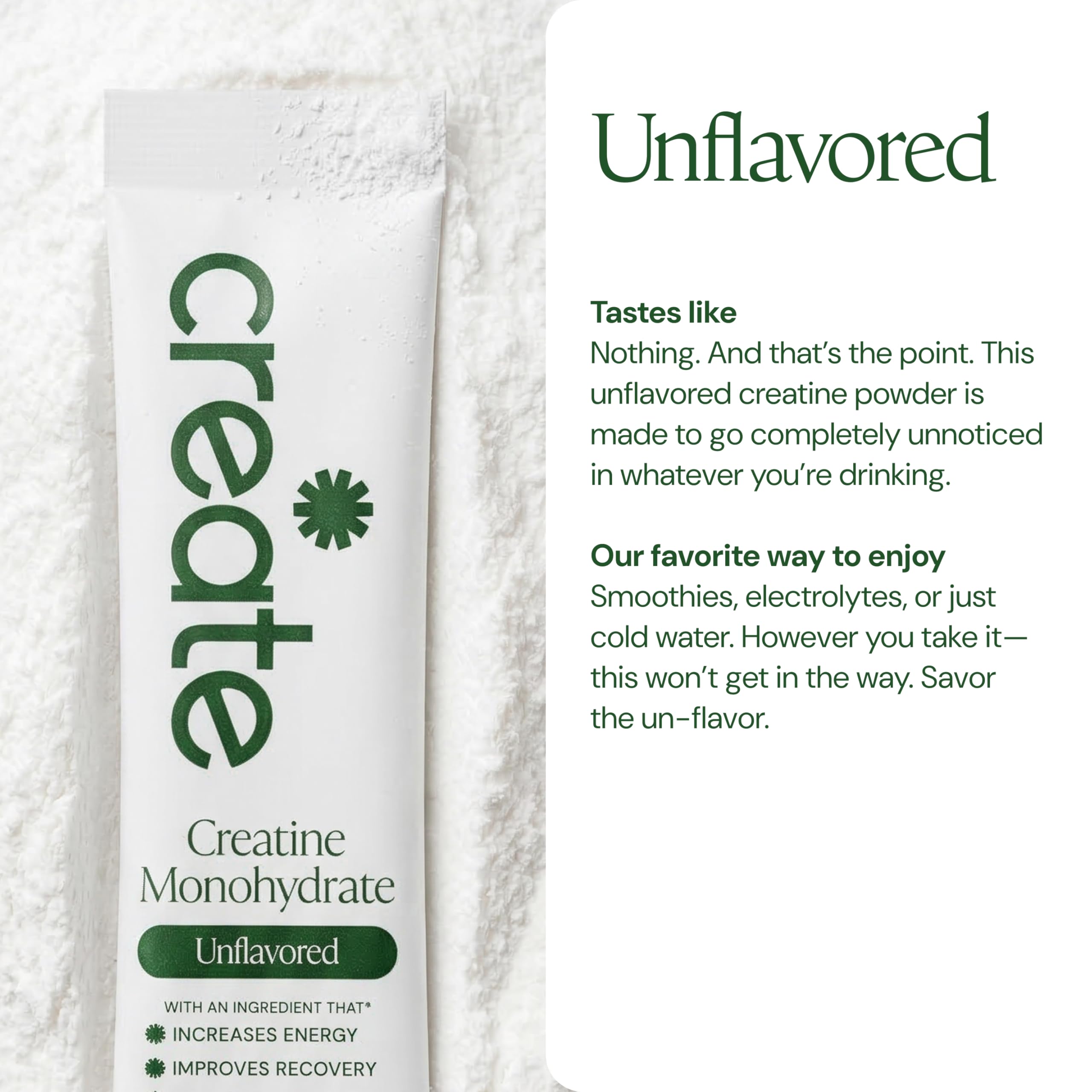 Create creatine: sobre abierto mostrando polvo fino y sin grumos, disolución fácil