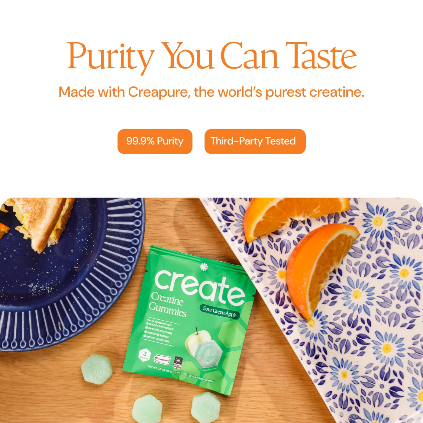 Create gomitas etiqueta con ingredientes y Creapure, transparencia y calidad