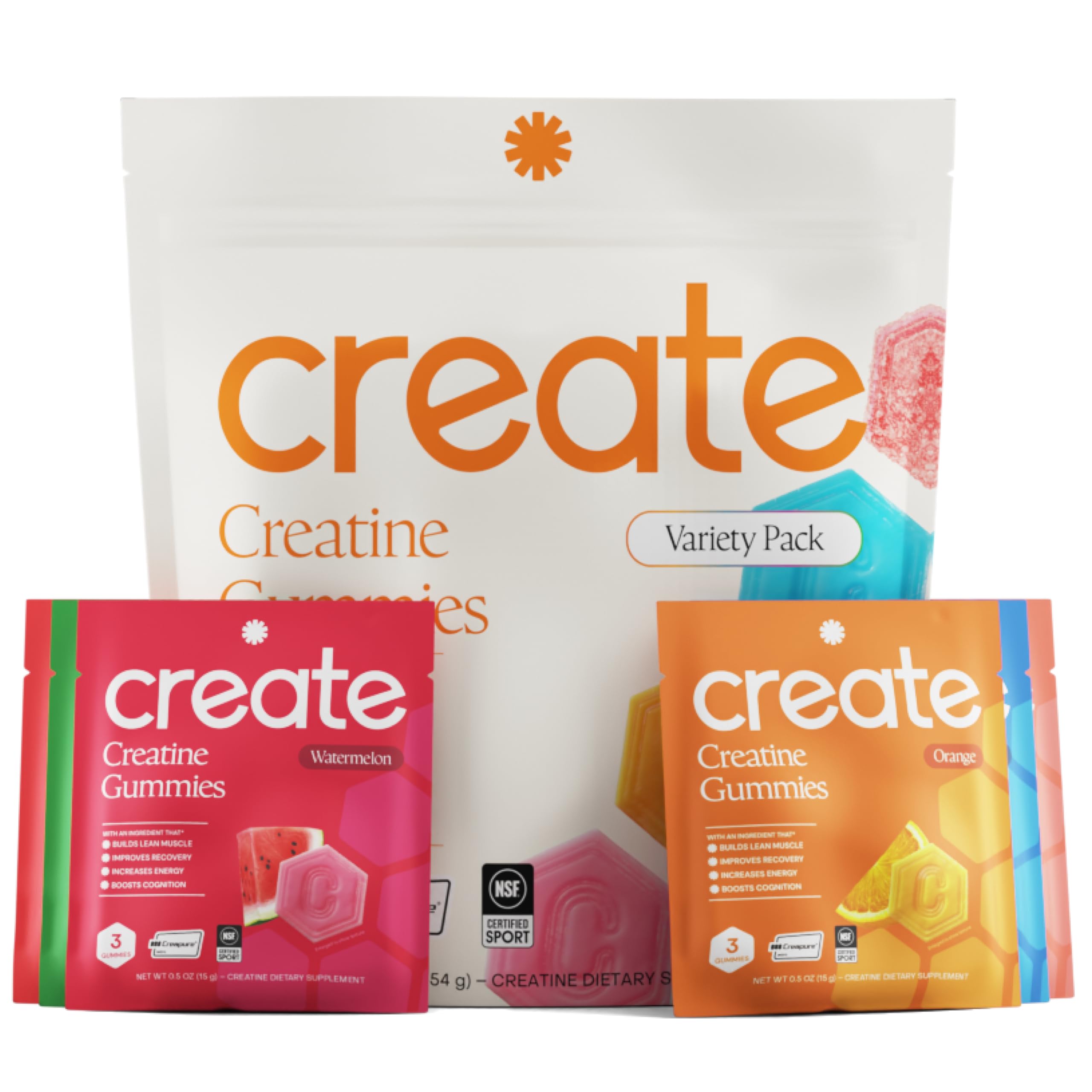 Create gomitas pack frontal mostrando caja y variedad de sabores, conveniencia para viajes