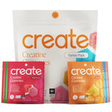 Create gomitas pack frontal mostrando caja y variedad de sabores, conveniencia para viajes
