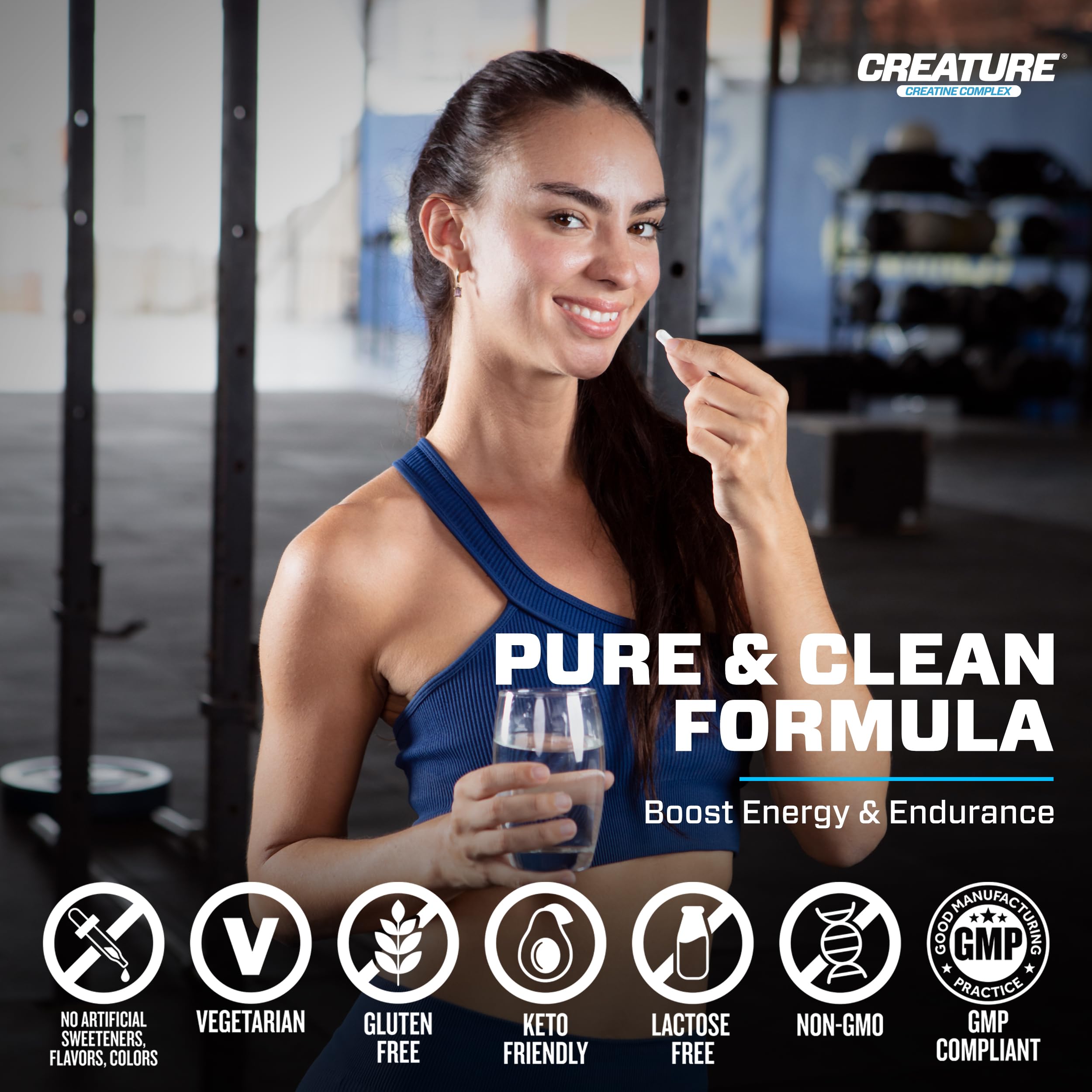 CREATURE envase abierto con cápsulas resaltando sistema sin sabores ni rellenos