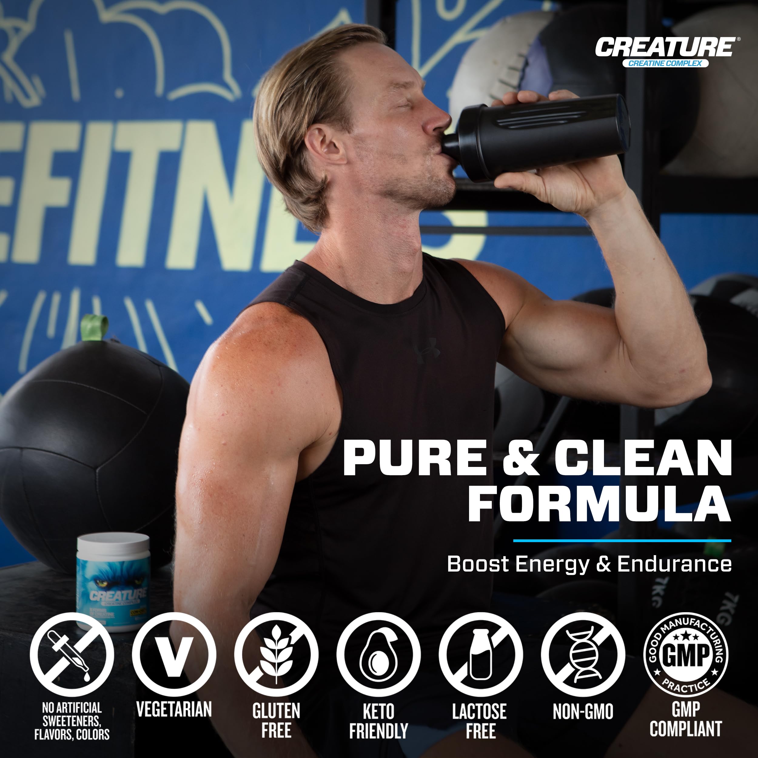 CREATURE etiqueta con ingredientes destacando las cinco formas de creatina
