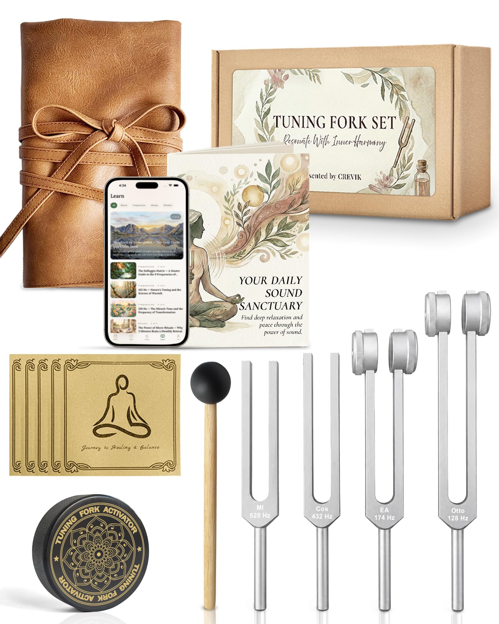 CREVIK paquete del kit completo mostrando diapasones y accesorios, ideal para portabilidad