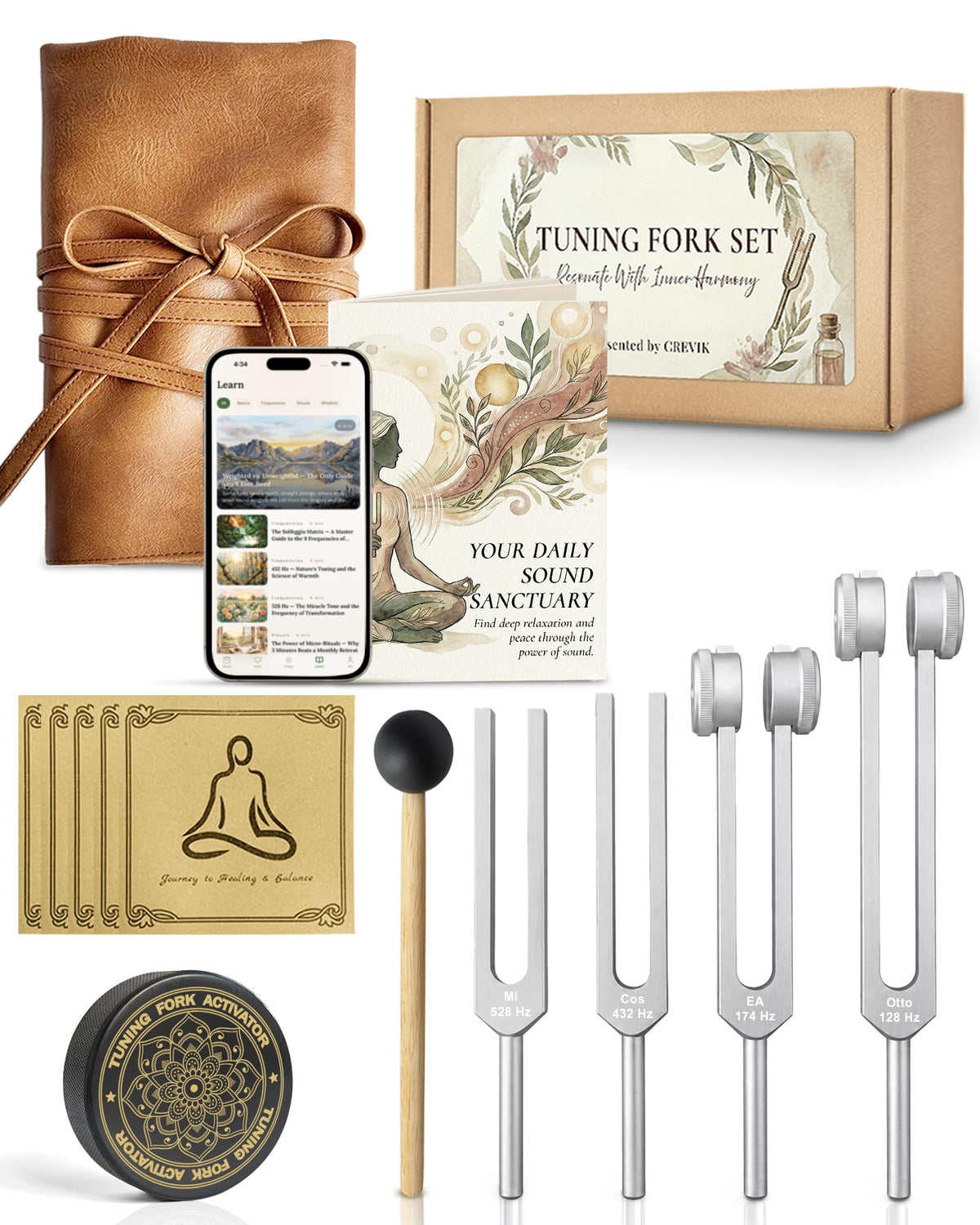 CREVIK paquete del kit completo mostrando diapasones y accesorios, ideal para portabilidad