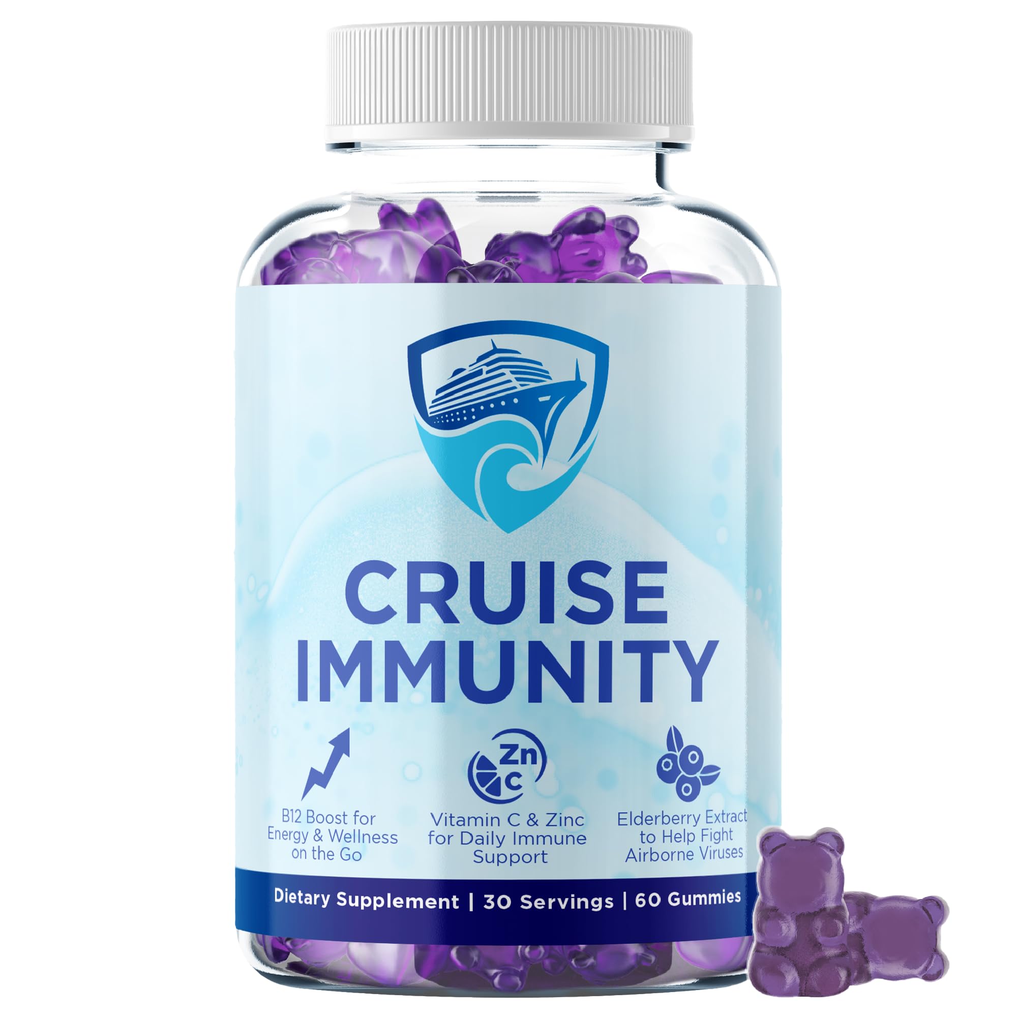 CRUISE IMMUNITY frasco frontal mostrando envase portátil para viaje