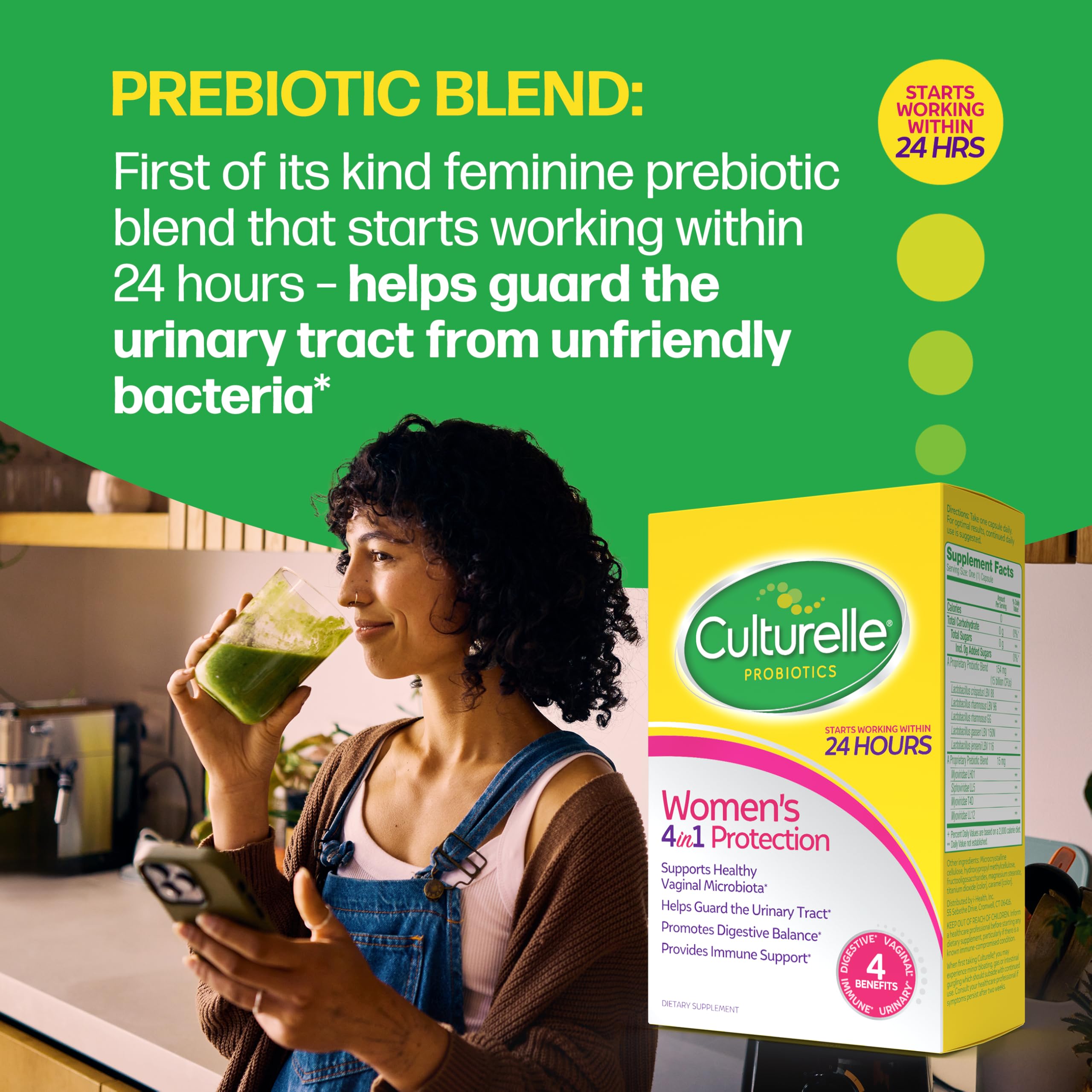 Culturelle caja de 30 cápsulas abierta mostrando envases listos para uso