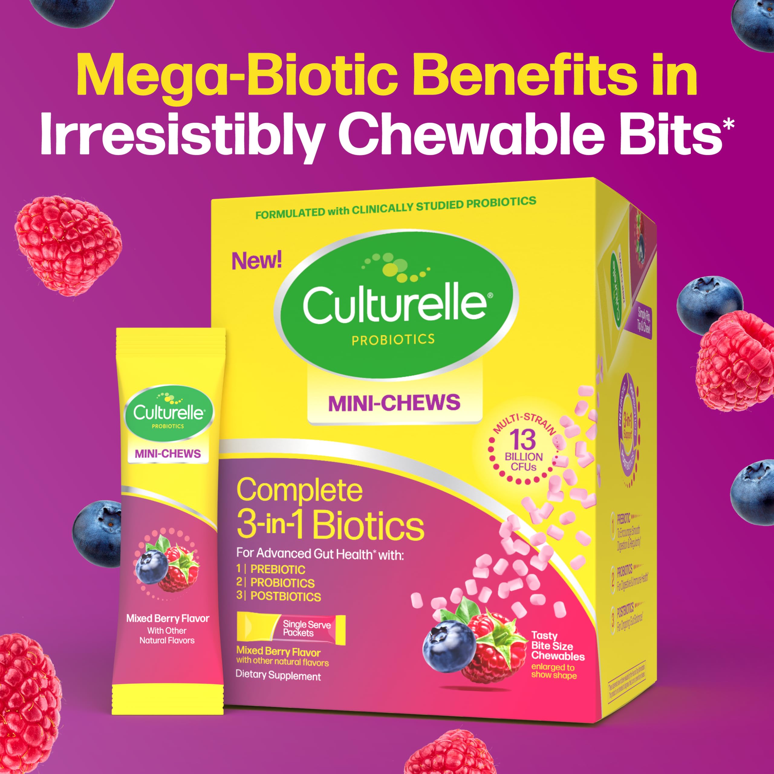 Comparación visual entre mini‑chew Culturelle y una cápsula para destacar simplicidad