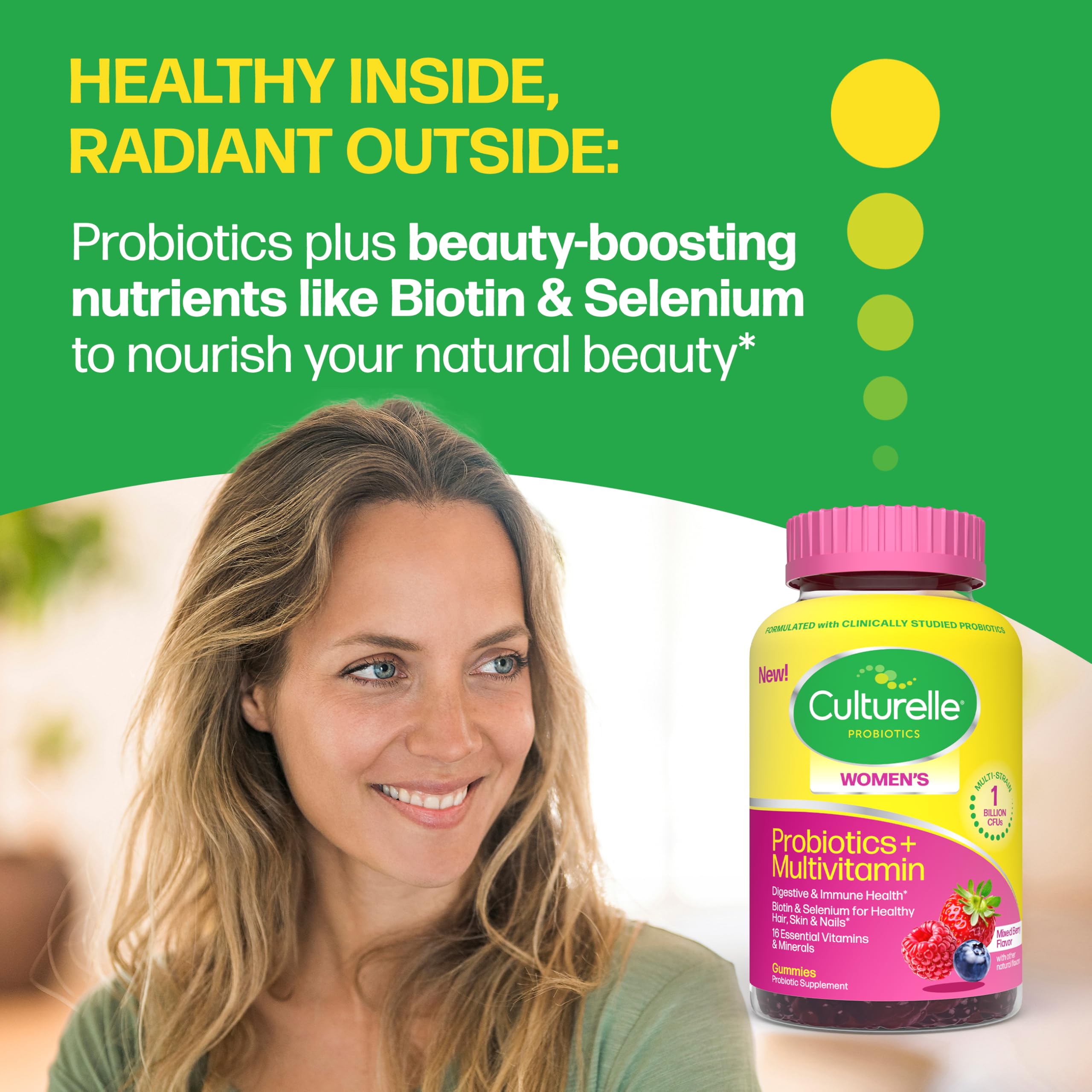 Culturelle etiqueta con lista de vitaminas y probióticos visible
