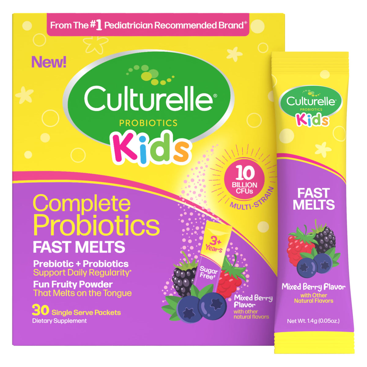 Culturelle empaque frontal mostrando 30 sobres y beneficio conveniencia