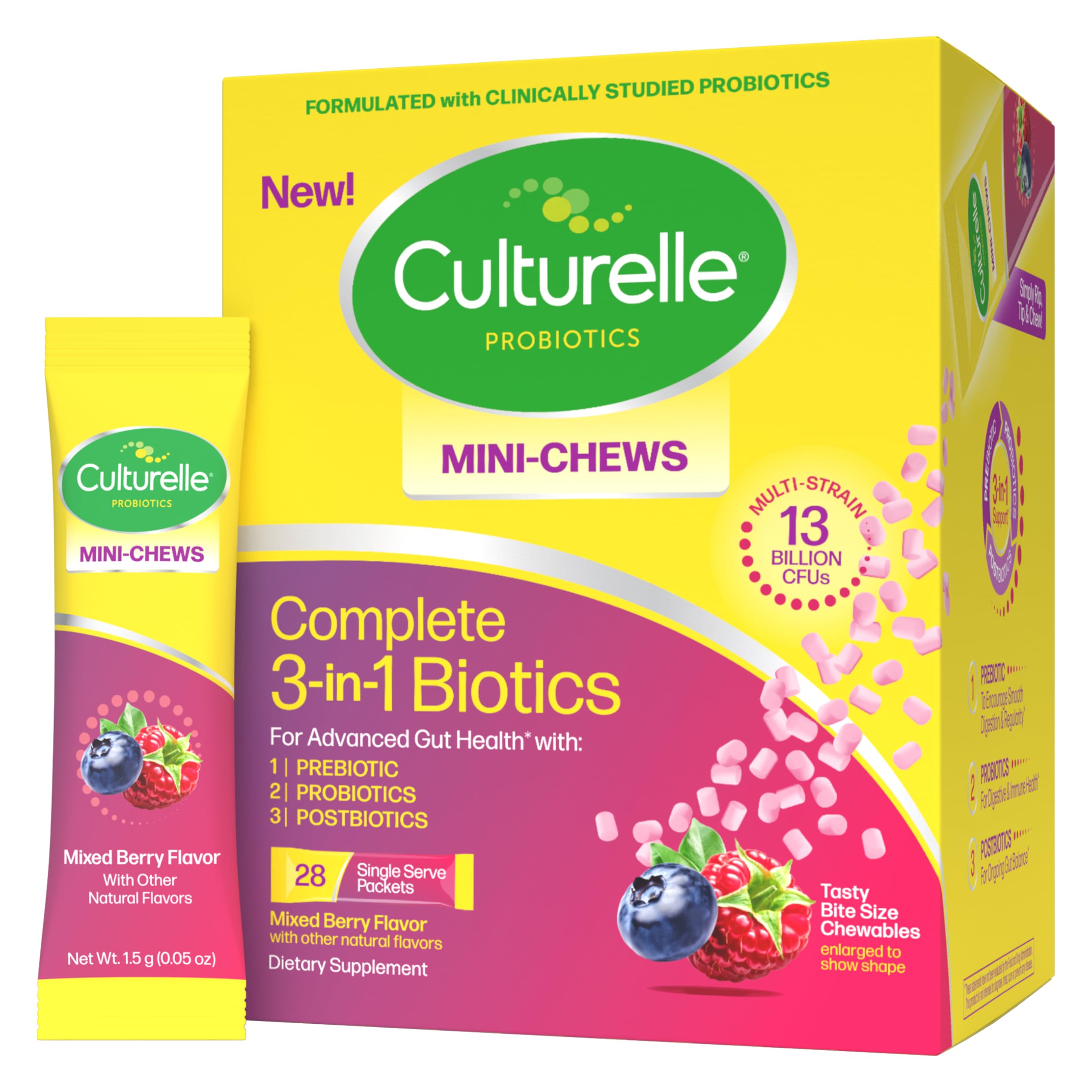Culturelle paquete frontal de mini‑chews mostrando sabor y cantidad para conveniencia diaria