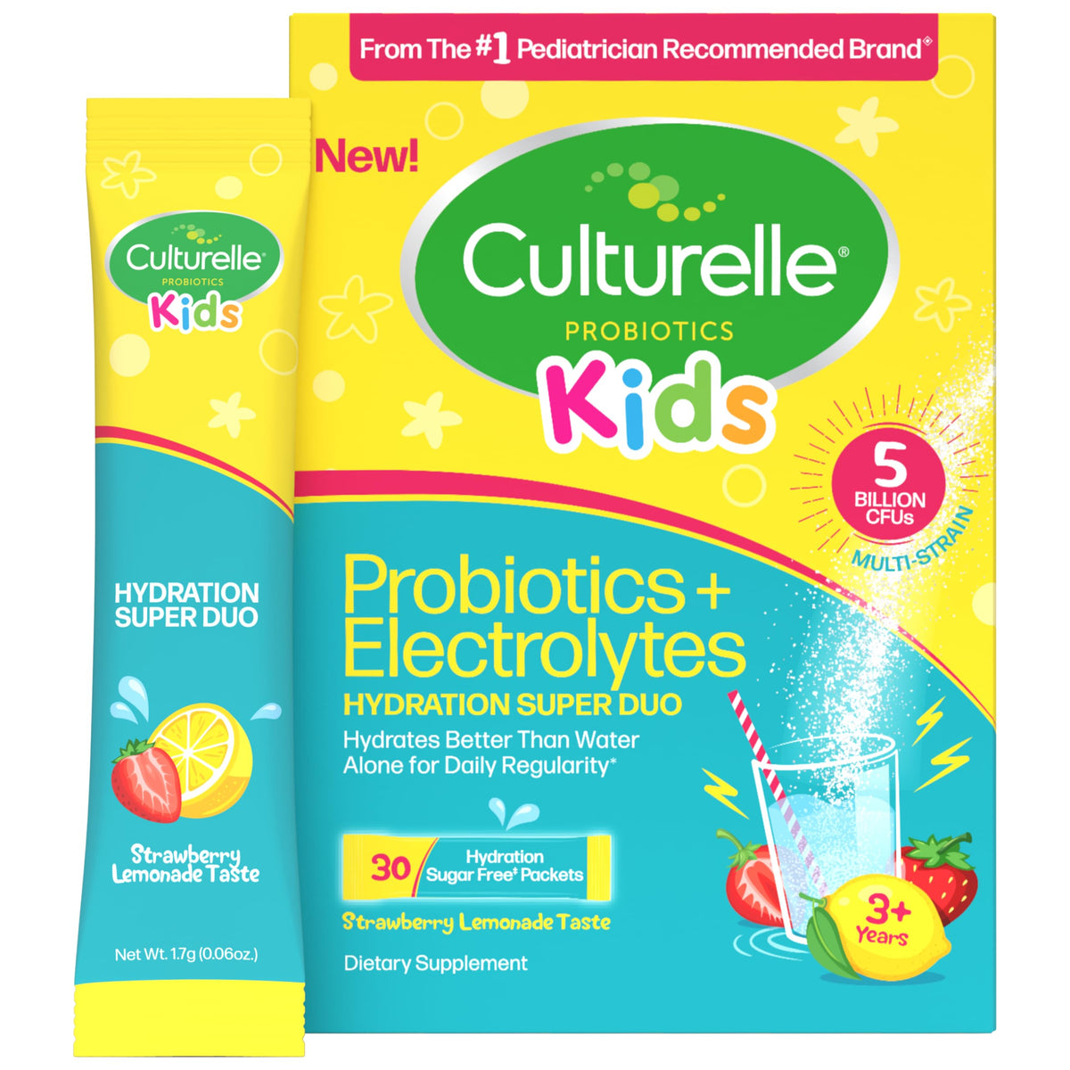 Culturelle vista frontal del embalaje que destaca 30 sobres y beneficios para niños