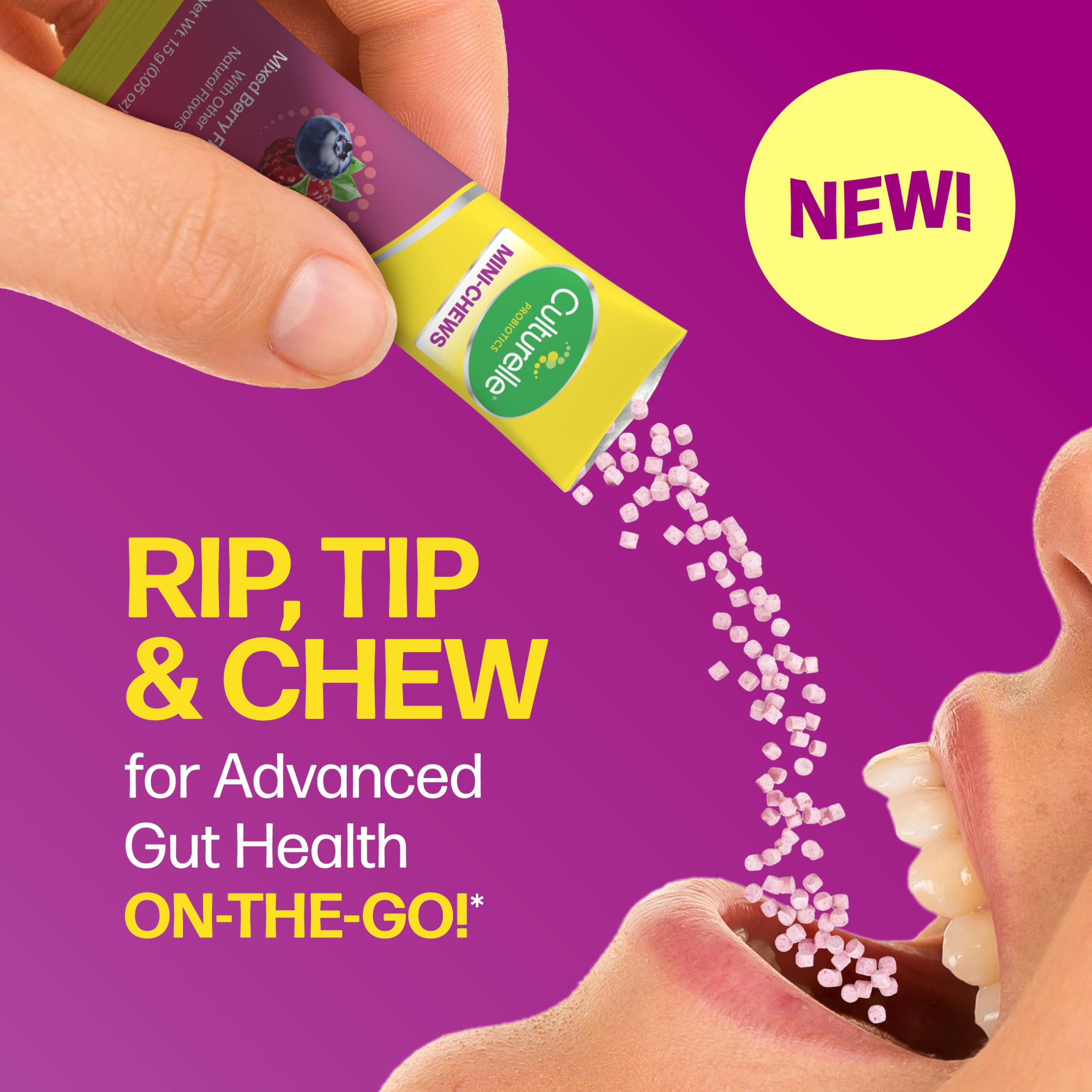 Sobre individual abierto de Culturelle Mini‑Chews listo para verter y consumir sin agua