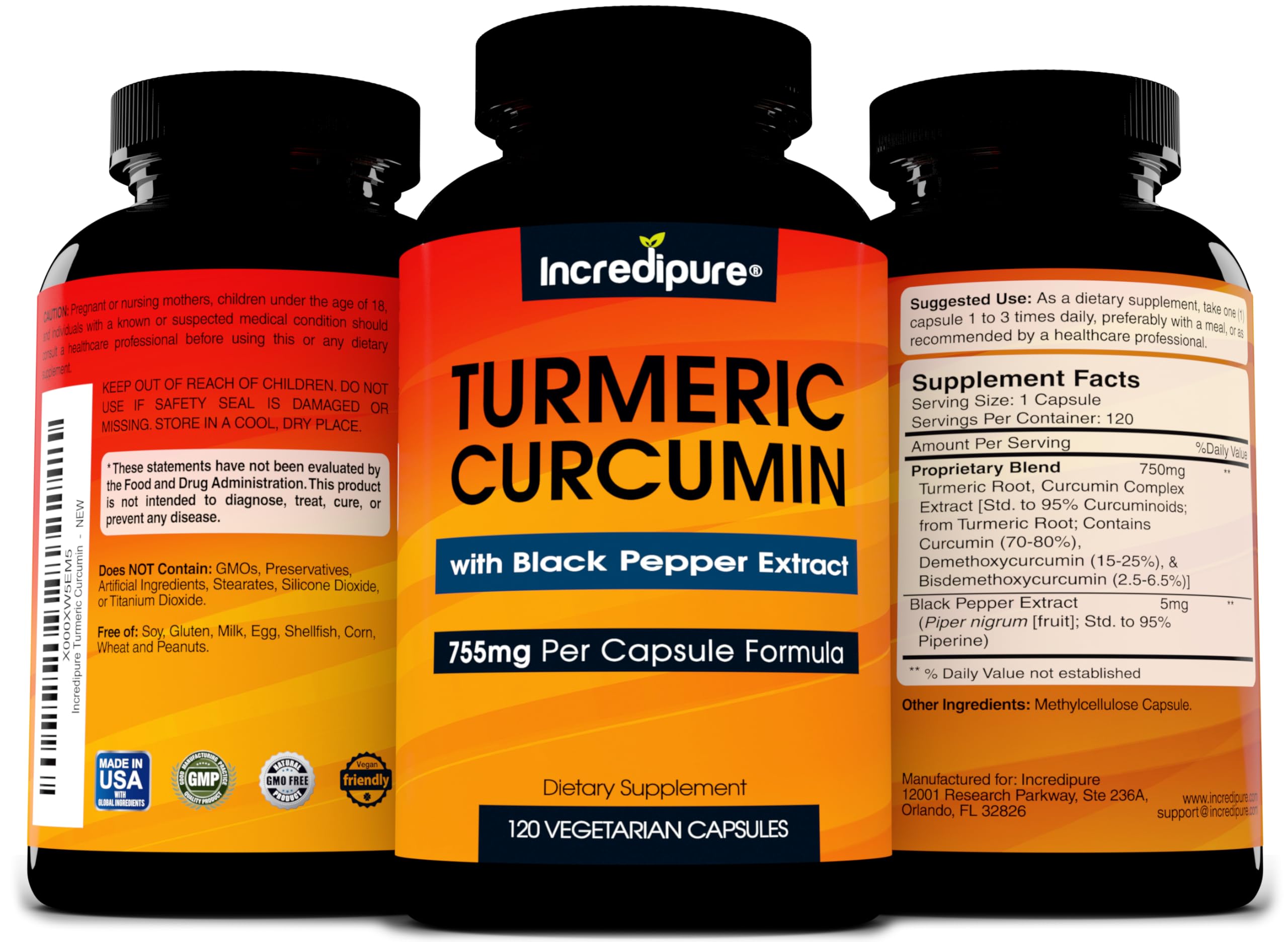 Curcumin Incredipure cápsula en mano demostrando tamaño y dosificación