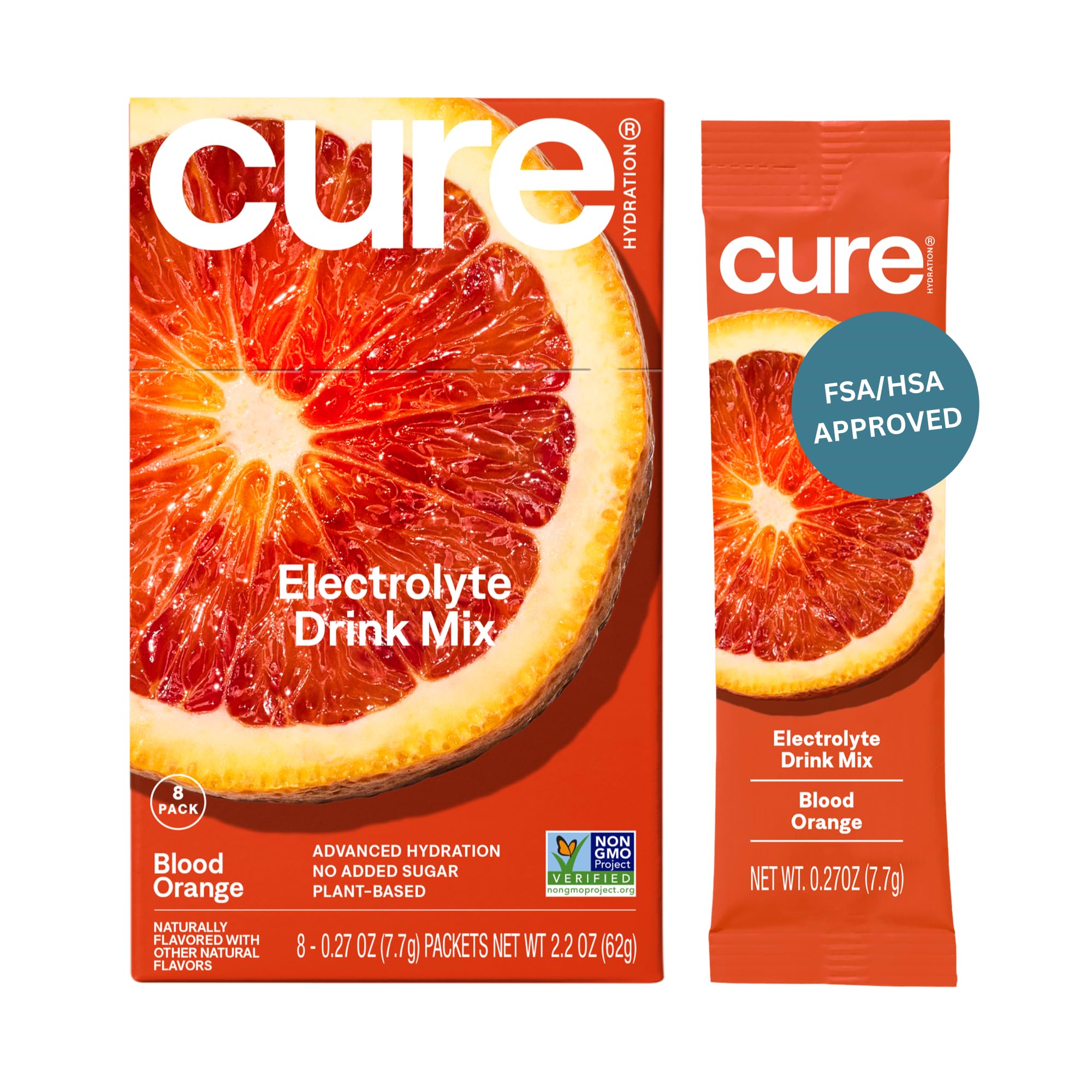 Cure Hydration frontal caja 8 sobres, presentación práctica y sin azúcares añadidos