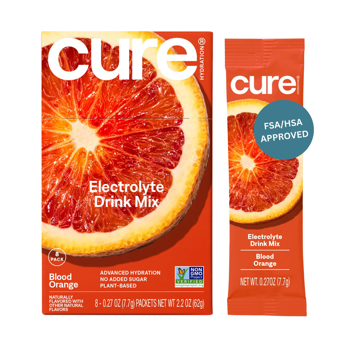 Cure Hydration frontal caja 8 sobres, presentación práctica y sin azúcares añadidos
