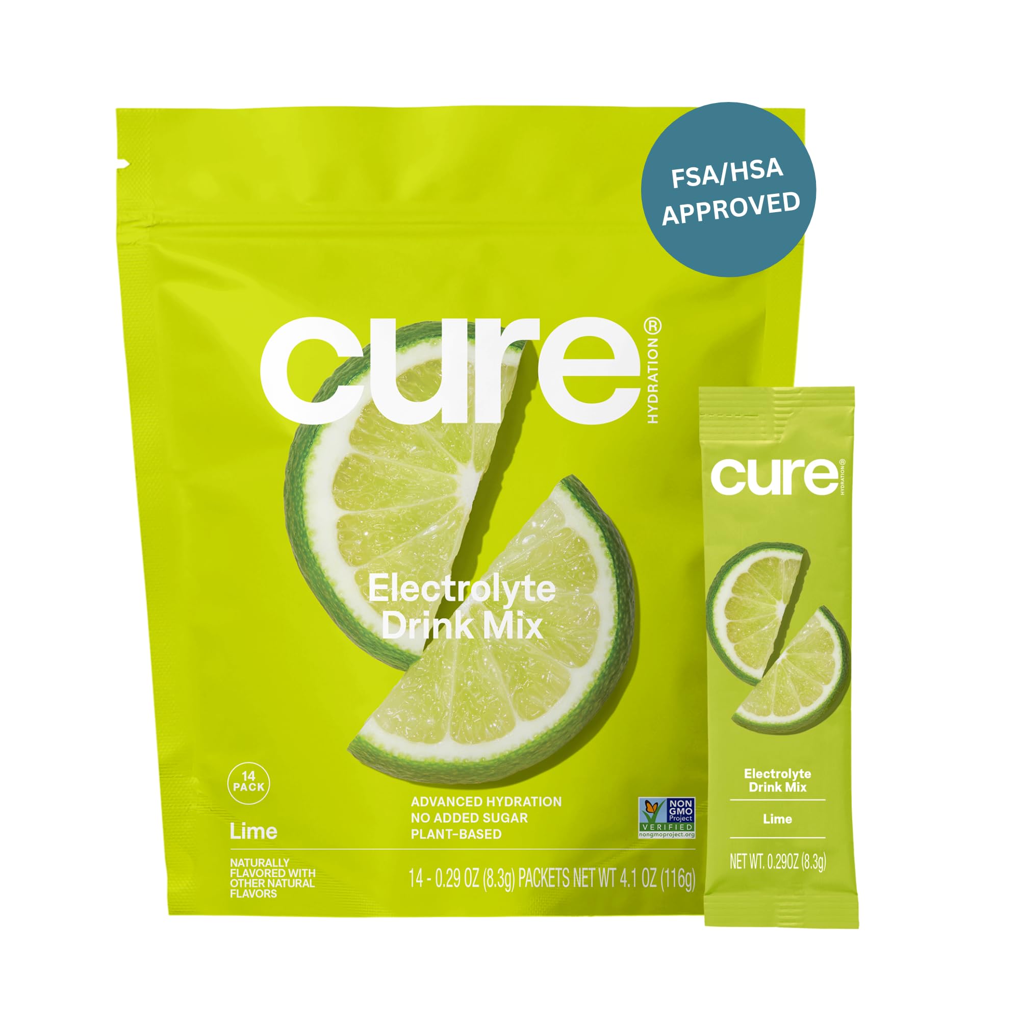 Cure Hydration frontal del empaque mostrando 14 sobres y beneficios