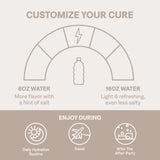 Cure Hydration envase abierto con cucharada ilustrando porciones prácticas y conveniente