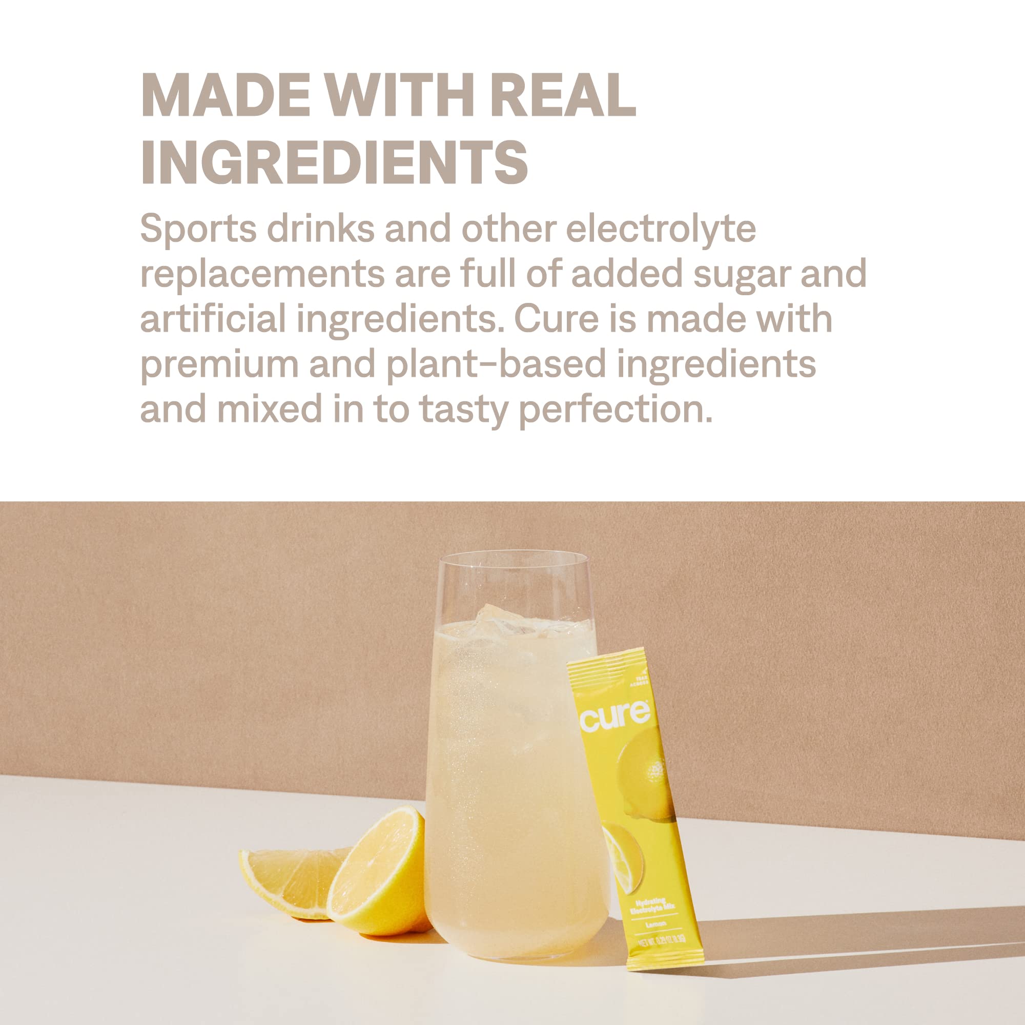 Cure Hydration etiqueta con certificaciones Non-GMO y sin gluten claras