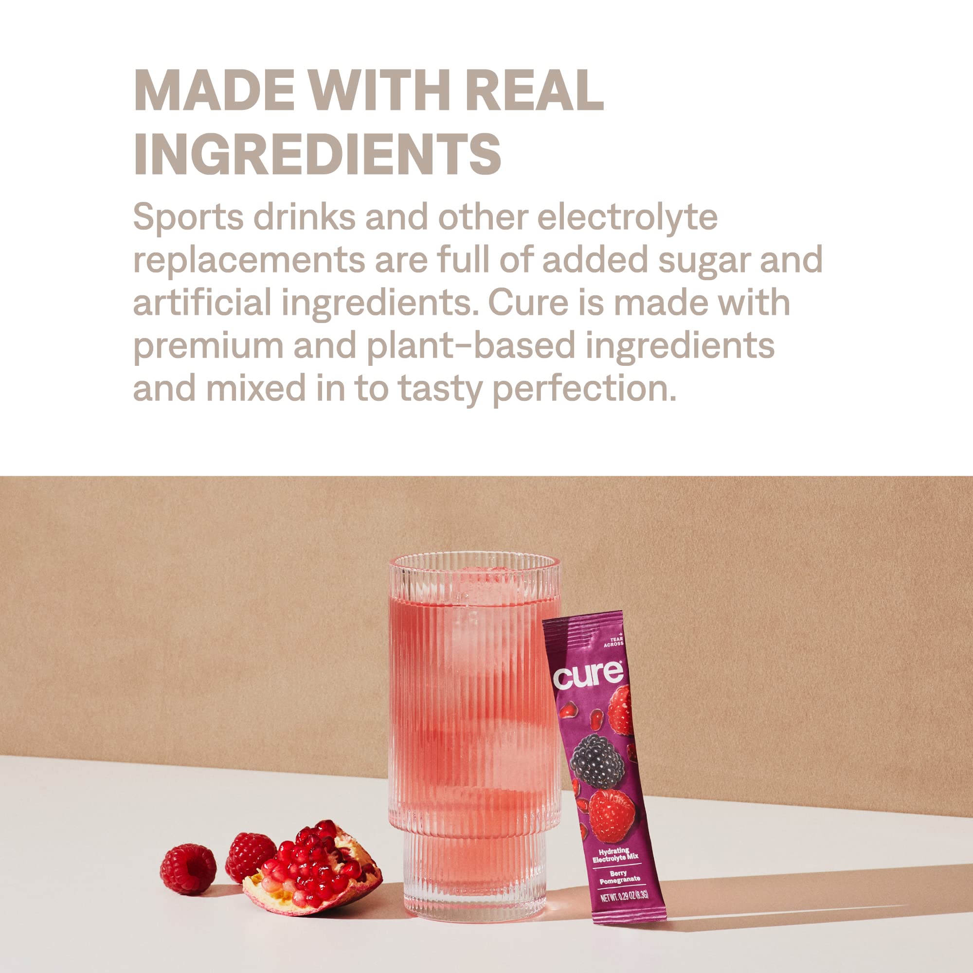 Cure Hydration etiqueta con lista de ingredientes y sellos, certificaciones visibles