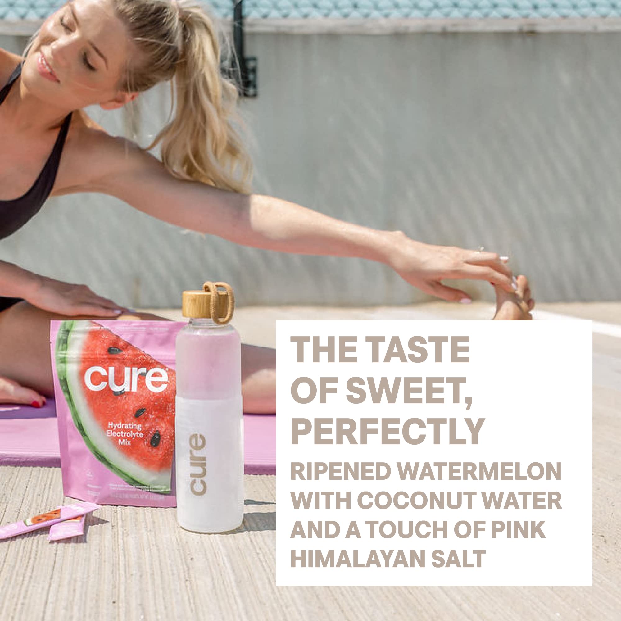 Cure Hydration etiqueta de ingredientes resaltando agua de coco y sin azúcar
