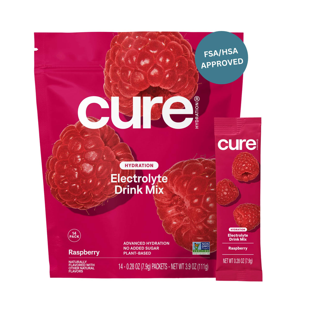 Cure Hydration frente del empaque mostrando 14 sobres y beneficios claros