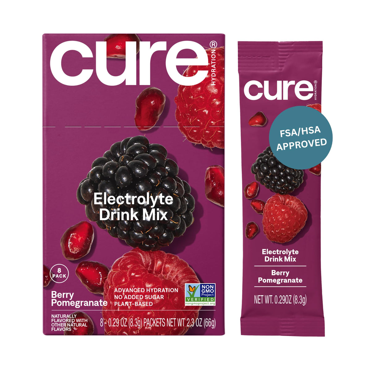 Cure Hydration paquete frontal mostrando caja y marca, fácil identificación y transporte
