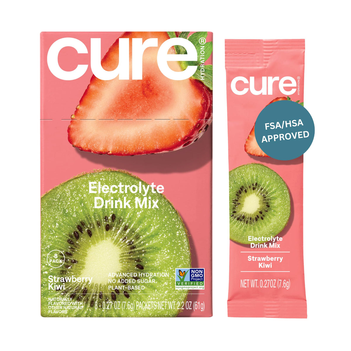 Cure Hydration frente del empaque mostrando 8 sobres y beneficios