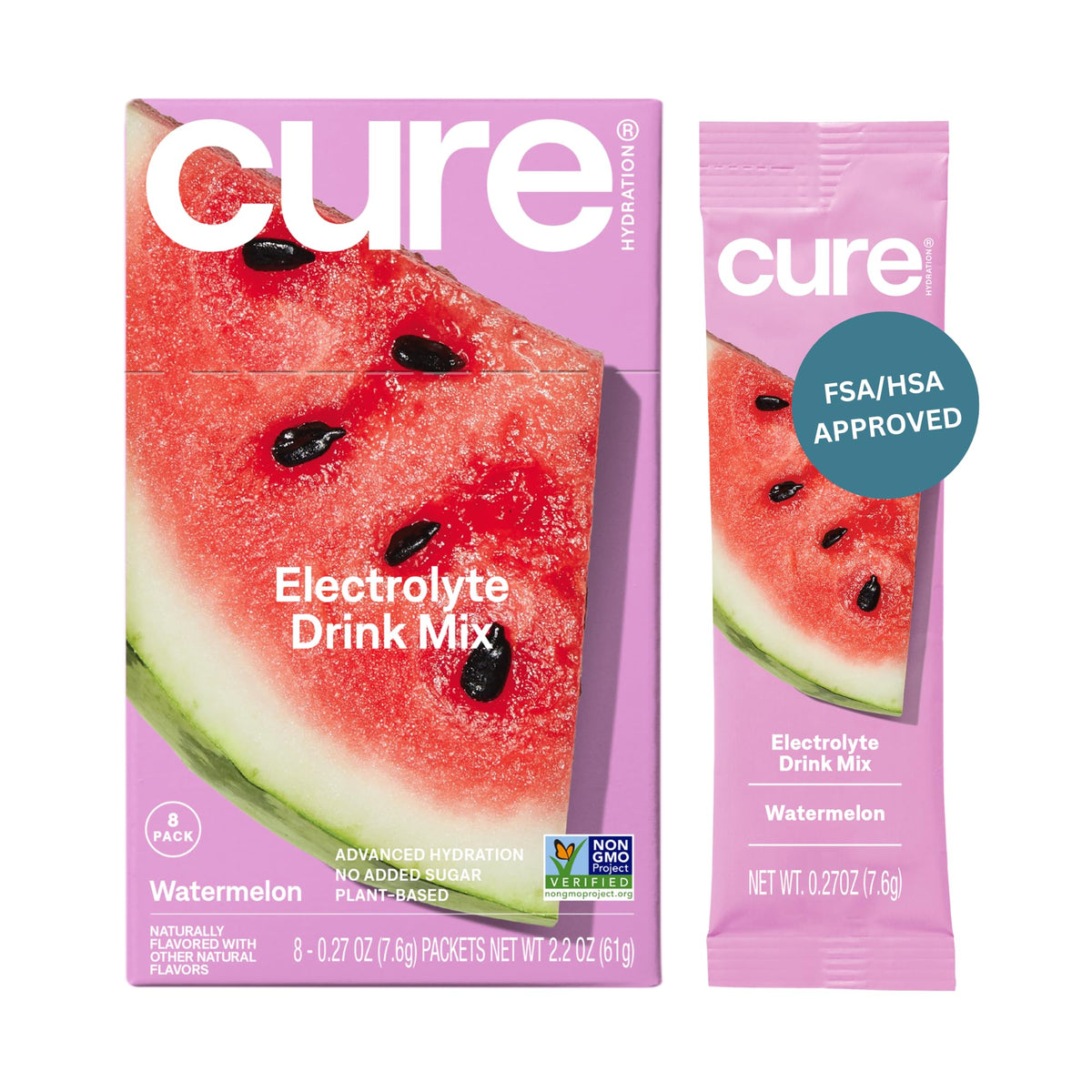 Cure Hydration frente del empaque mostrando 8 sobres y beneficio portátil