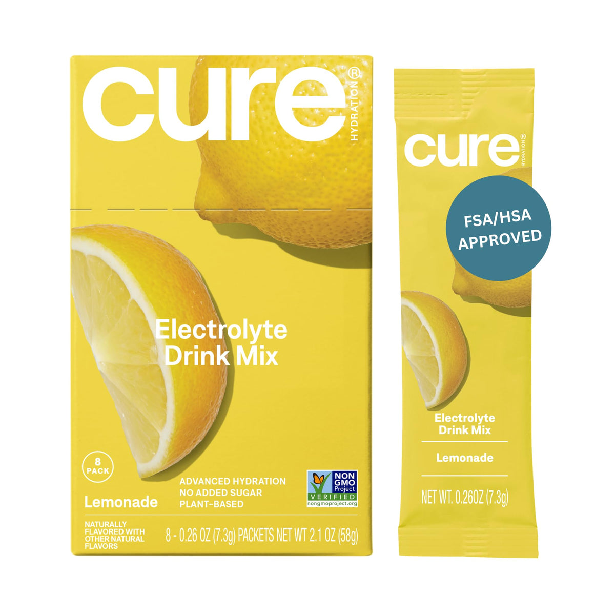 Cure Hydration frente del empaque mostrando caja de ocho sobres y beneficio portabilidad