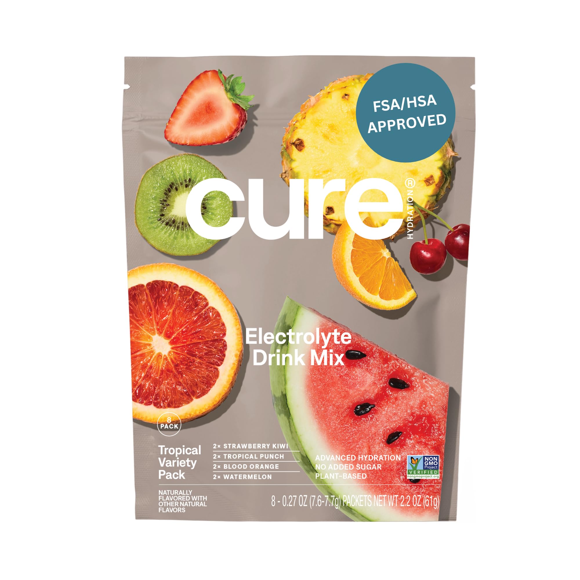 Cure Hydration frente del paquete tropical, muestra conveniente y sin azúcares añadidos