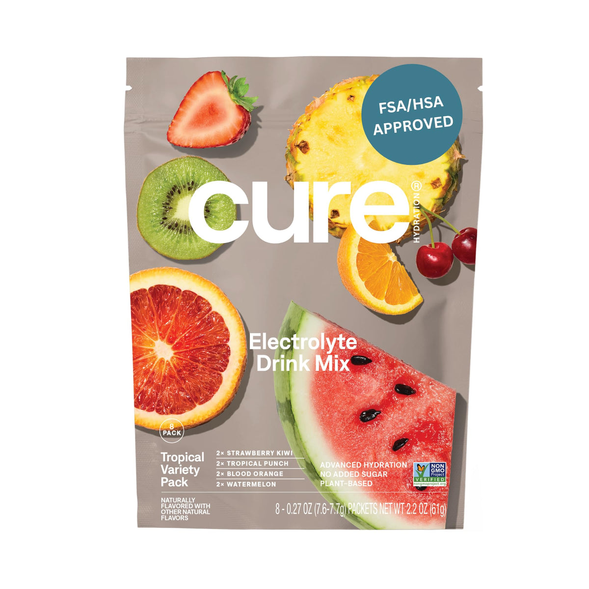 Cure Hydration frente del paquete tropical, muestra conveniente y sin azúcares añadidos